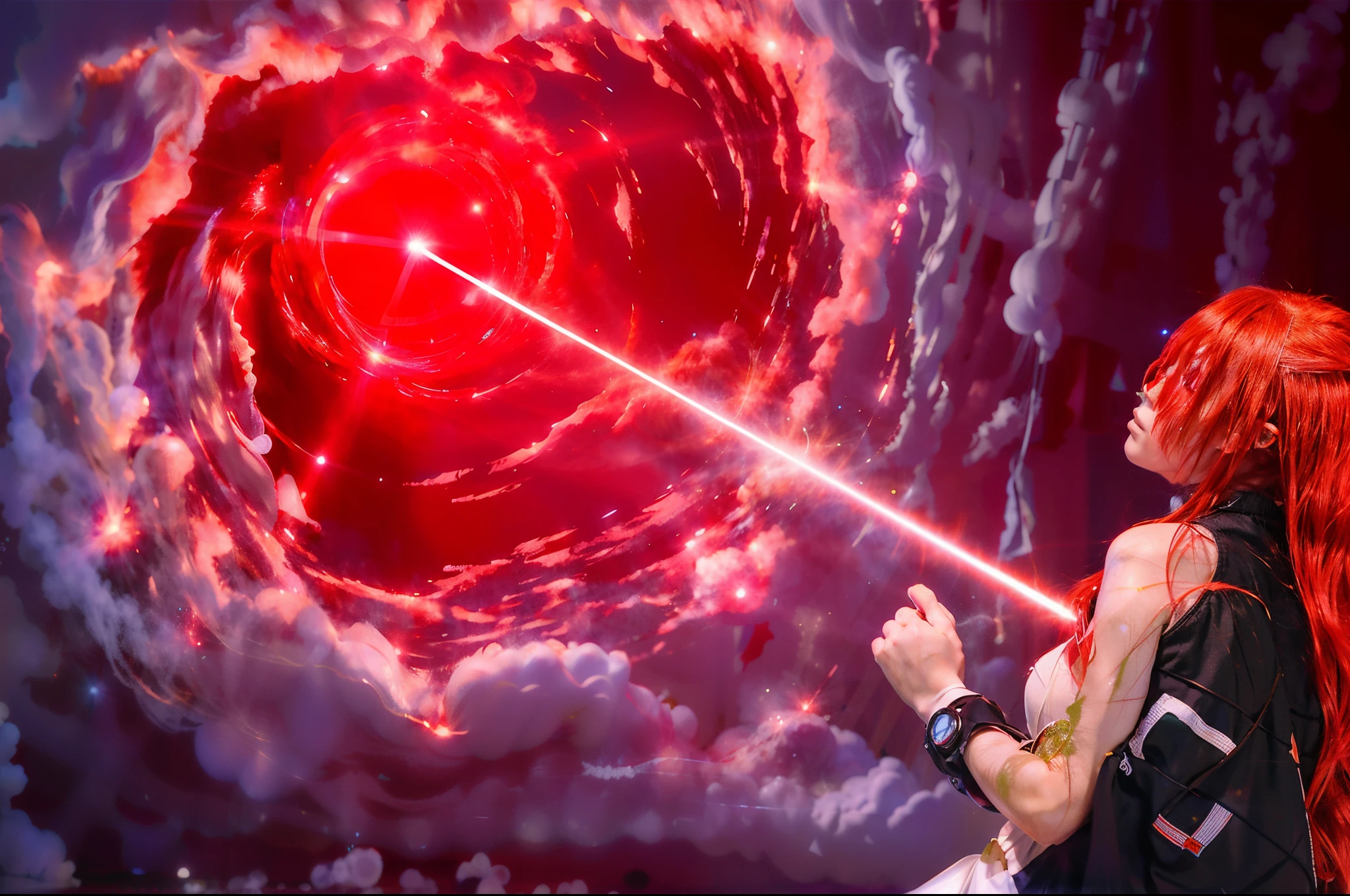 anime girl with red hair and red hair holding a red laser, red laser, laser weapons, red lasers, laser beam, firing laser, lasers and explosions, explosions and lasers, laser eye, lasers firing, lasers shooting out of eyes, laser fire, laser, crown of (((white lasers))), mana shooting from his hands, shooting laser, holding a laser gun, realistic:1.7