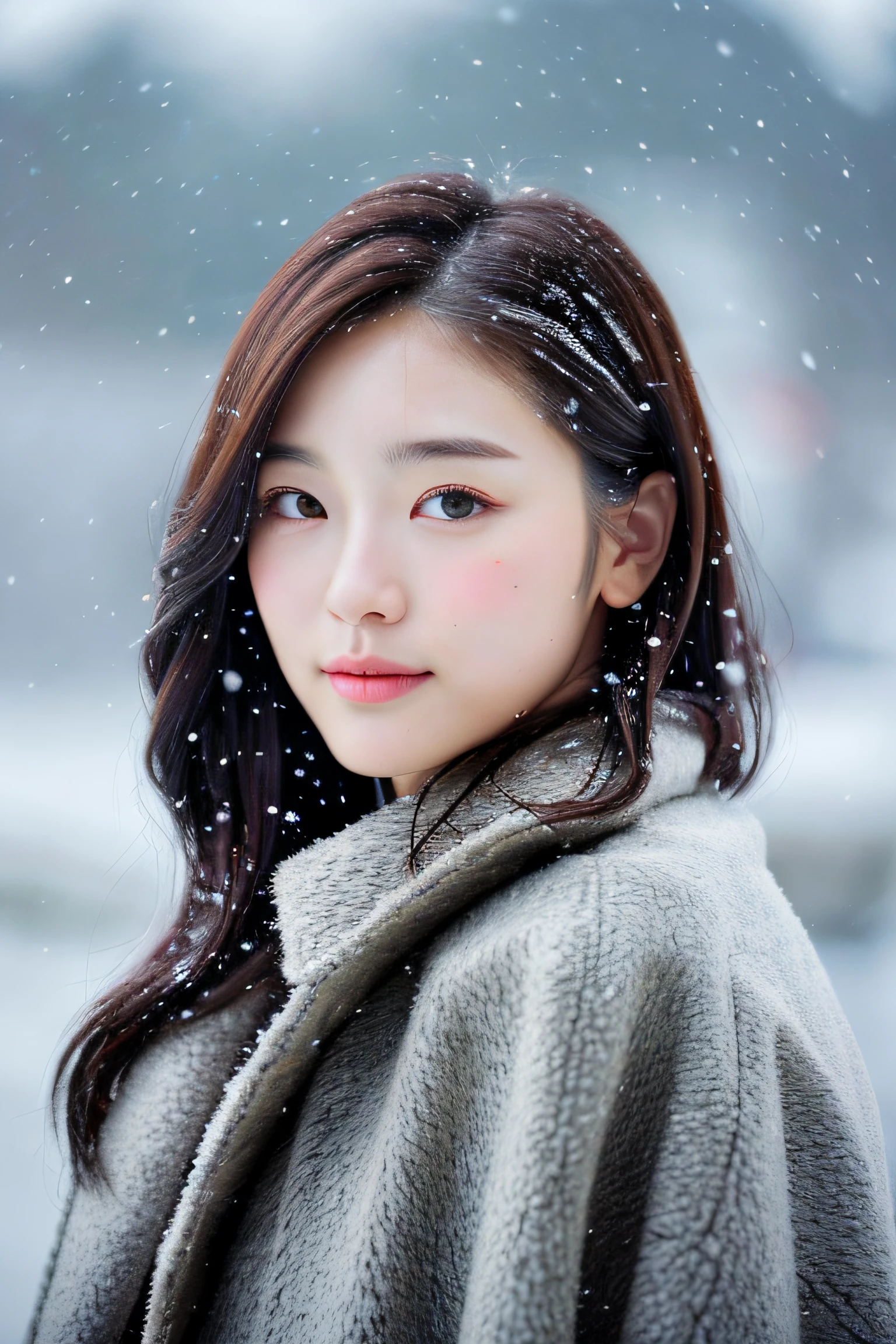 realistic photos of (1 cute Korean star) Shoulder-length hair, thin makeup, medium breasts size, wearing coat, in the snow, clear facial features, 8K high resolution, sharp and realistic details.from outside, Eye-Level Shot, f/4.0, 135mm, Fujifilm, jpeg artifacts, dithering, UHD, masterpiece