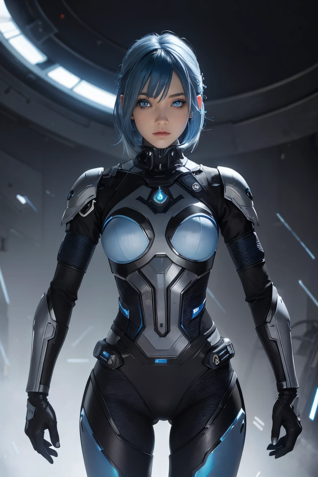 Female cyborg,blue hair,blue eye,black and grey and blue costume