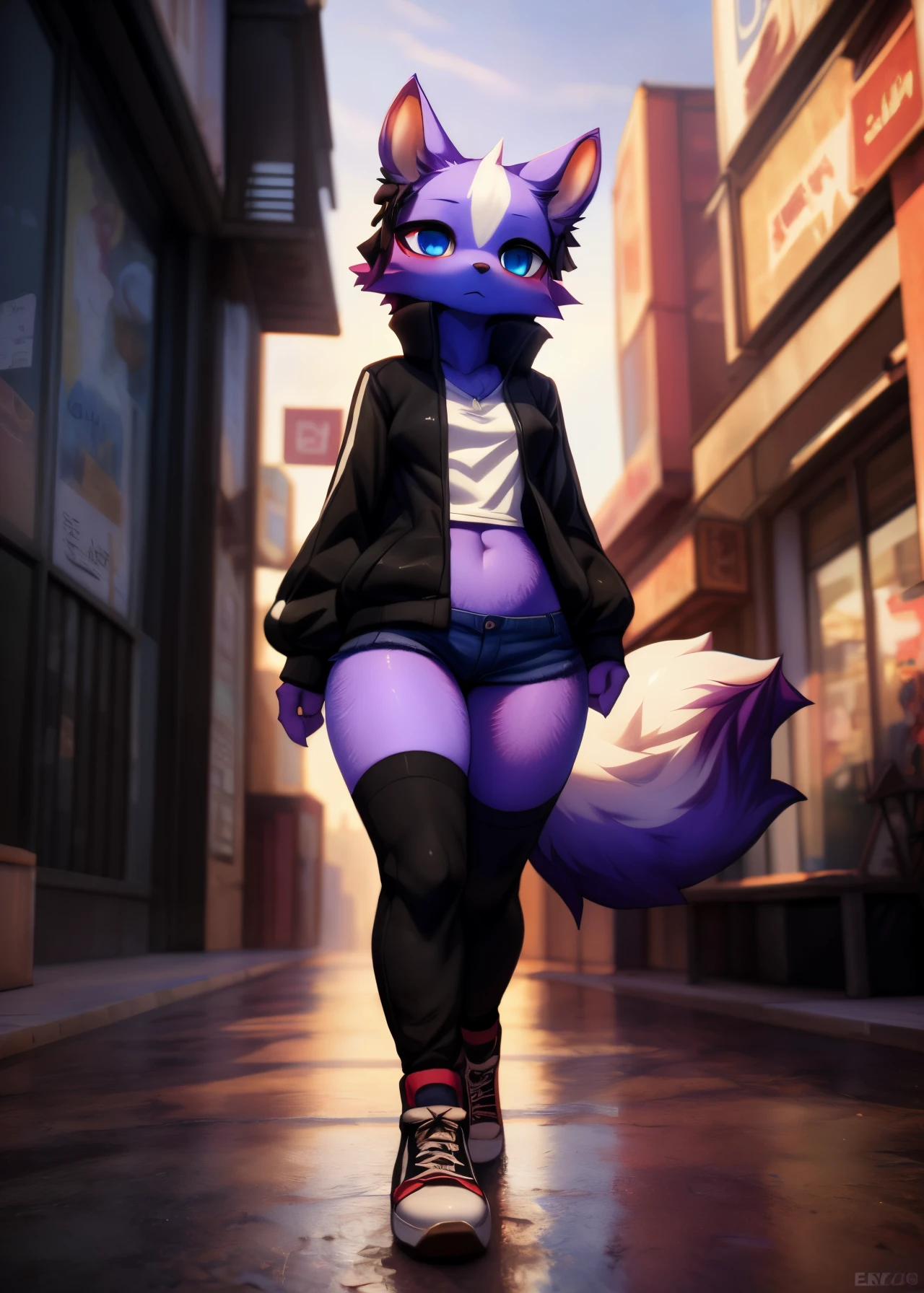 uploaded on e621, (by Whooo-Ya, by Sskomu \(artist\), by Kakure Eria),
solo female (cute purple skunk girl, blue eyes, Shikabane, a single small cute purple squirrel tail), slender petite body, thigh highs, 
(wear black jacket, ), (small breasts), black converse shoes,
((detailed fluffy fur)), (looking at viewer, full body shot, three-quarter view),
BREAK,
((Walking at city street on sunset day, evening)), ( fog, mist, urban business street),
(detailed background, depth of field, half body shadow, sunlight, ambient light on the body),
(masterpiece, best quality, ultra realistic, 4k, 2k, (high detail:1.3),
(3d \(artwork\):1.2), blender \(software\), (soft focus:1.2), ray tracing, (unreal engine:1.3), absurd res)