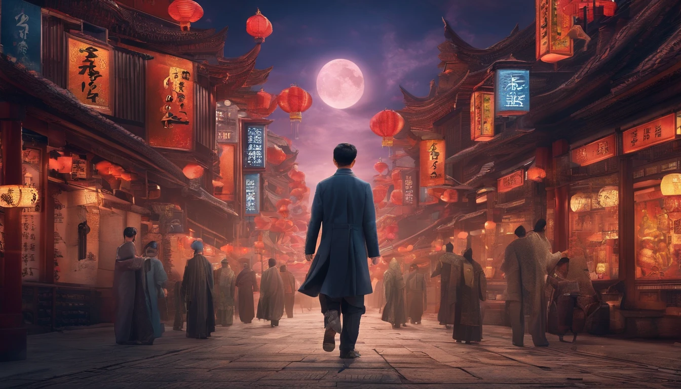 Very beautiful man 3D,Walking in the city late at night,Large depth of field perspective,chinese fantasy,Dreamism,Vivid effects and details,Excellent picture quality,A high resolution