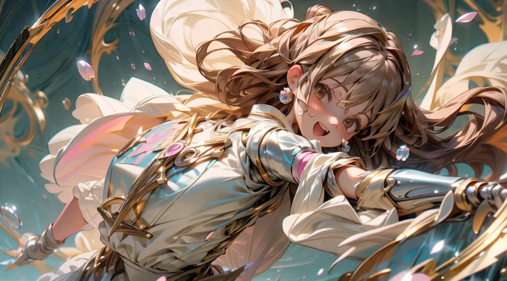 Floating hair and detailed mouth.The girl is wearing a white hair ribbon with a black edge。, A very delicate and beautiful cyborg girl, 。.3D, creative frame design, extremely fine and beautiful, Full body, Best detailed girls, depthoffield, Head tilt, beautiful detailed fullbody, Longuette, Beautiful detailed girl, Teenage girl, long light wavy hair, topknot, Air bangs, long bangs between eyes, hair over shoulder, hair flaps, light brown hair, Colored inner hair, fluffy hair, extremely beautiful detailed anime face and eyes, grin, furrowed brow, beautiful detailed deep eyes, Slightly open mouth, mechanical arm armor, Large breasts, Absolute Area, Light brown eyes, smooth glowing skin, Delicate gold metal decoration, Hair Bow, flower, Short dress, Puffy sleeves, frills skirt, leg ribbon, Insanely detailed frills, Hands are hidden in puffy sleeves, Skindentation, Fine cloth, Pink clothes, Surrounded by flowers, reflective water surface, Falling petals, spark of light, refined rendering, Very detailed 8k wallpaper, masutepiece, Ultra-detailed,