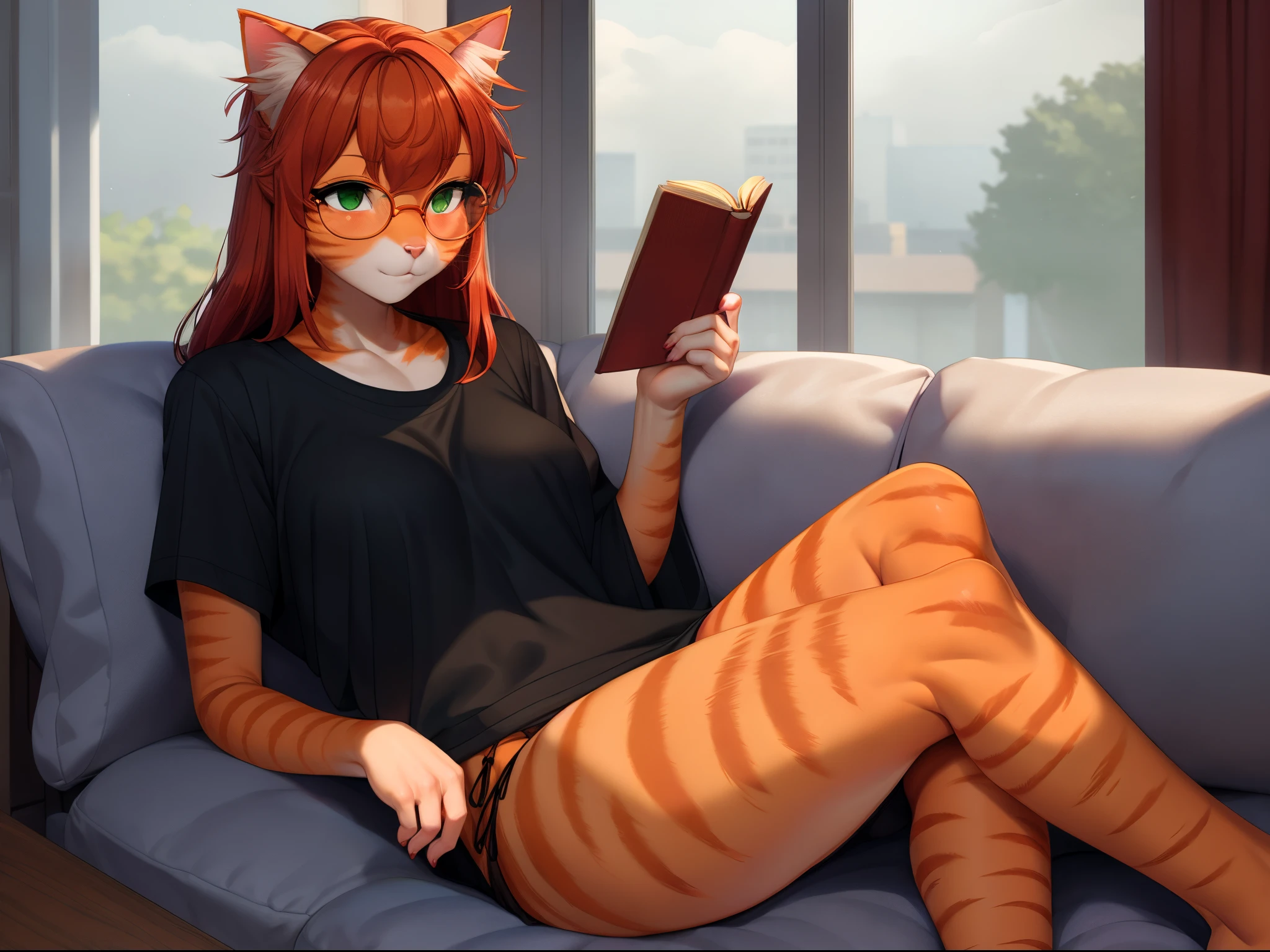 Solo:1.4, Sam, orange tabby cat girl, tall slender body, green eyes, crimson scarlet hair, long hair, orange cat ears, large round clear glasses, tabby cat tail, pink cute cat nose, black baggy shirt,thong, black thigh highs , hair in a bun, indoors, lounging on a sofa, by a big window, full body shot, Cloudy stormy weather visible through window, holding a book, dim lighting, unreal engine, by gudlmok99, by fumiko