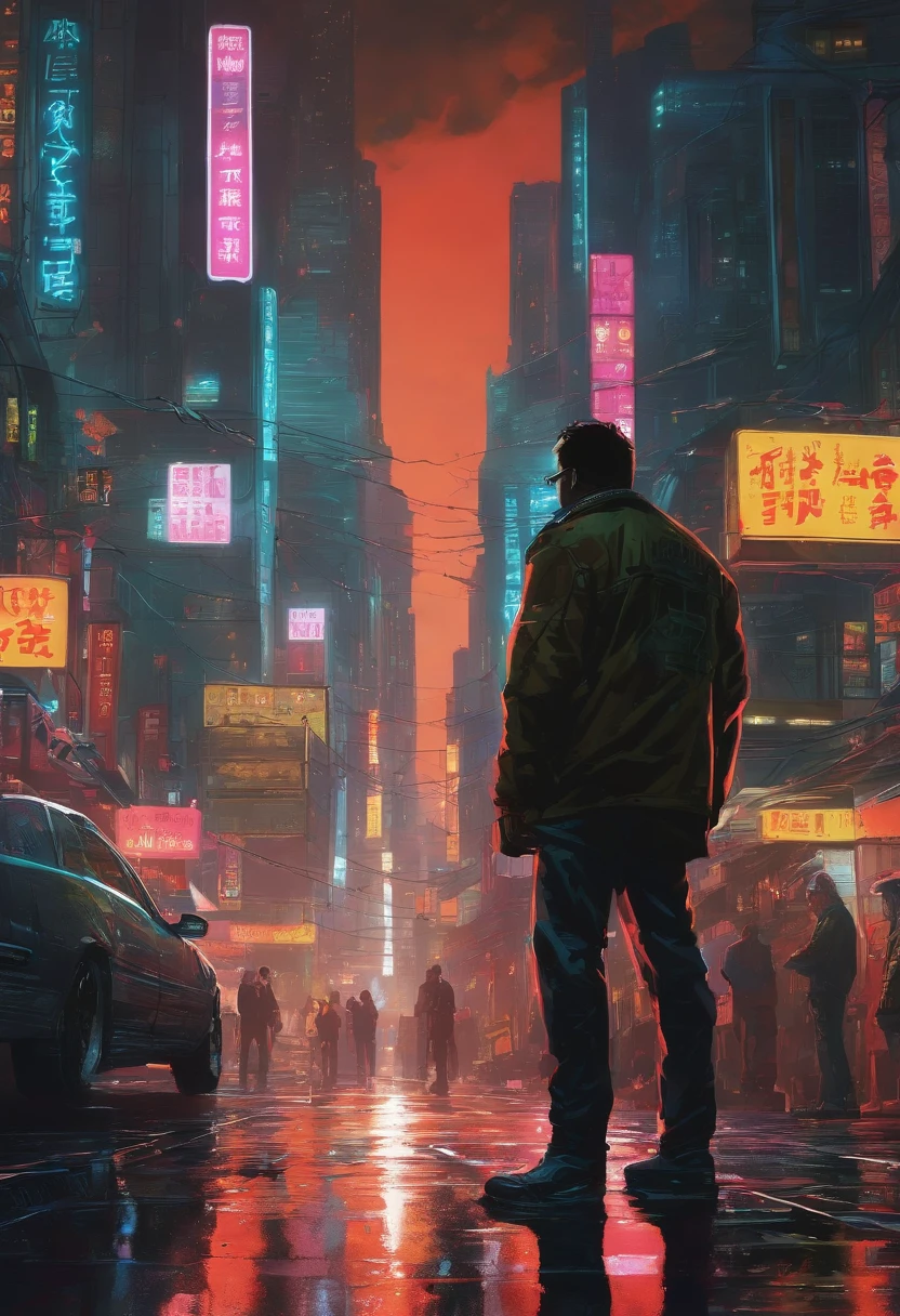 Cyberpunk City、Katsuhiro Otomo's painting style、Neon Street、Night city、man in cyberpunk clothes