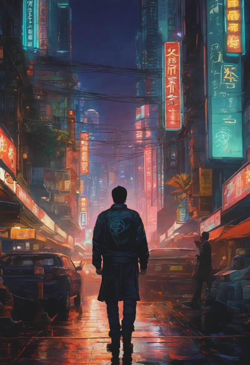 Cyberpunk City、Katsuhiro Otomo's painting style、Neon Street、Night city、man in cyberpunk clothes