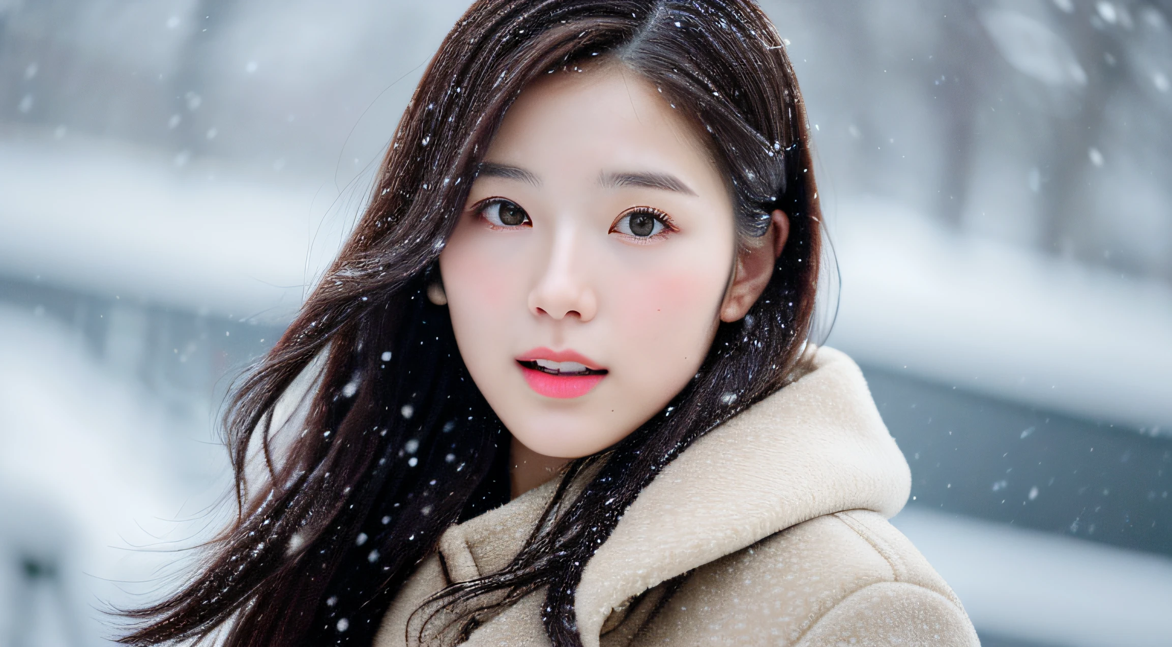 realistic photos of (1 cute Korean star) Shoulder-length hair, thin makeup, medium breasts size, wearing coat, in the snow, clear facial features, 8K high resolution, sharp and realistic details.from outside, Eye-Level Shot, f/4.0, 135mm, Fujifilm, jpeg artifacts, dithering, UHD, masterpiece