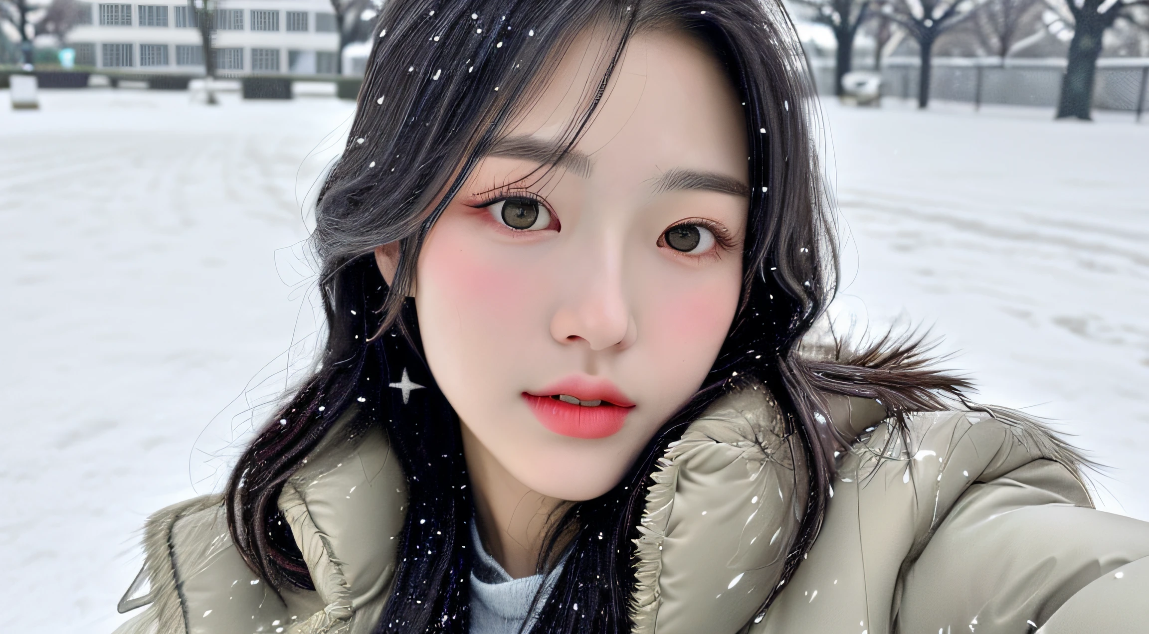 realistic photos of (1 cute Korean star) Shoulder-length hair, thin makeup, medium breasts size, wearing coat, in the snow, clear facial features, 8K high resolution, sharp and realistic details.from outside, Eye-Level Shot, f/4.0, 135mm, Fujifilm, jpeg artifacts, dithering, UHD, masterpiece