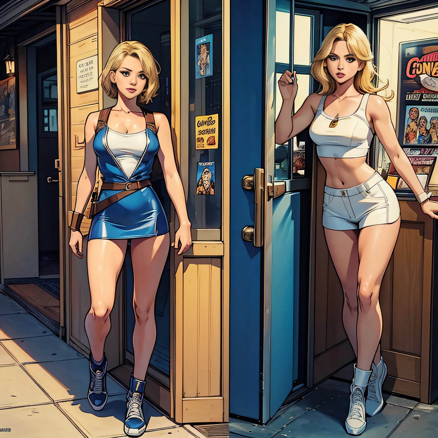 Comic storyboard:1.8, comic strip,comic strip:: Jennifer Lawrence,selena gomez(1人の女性) 30 year old blonde full body,The home of the future, marvel comics style, hyper HD, 24K Ultra HD