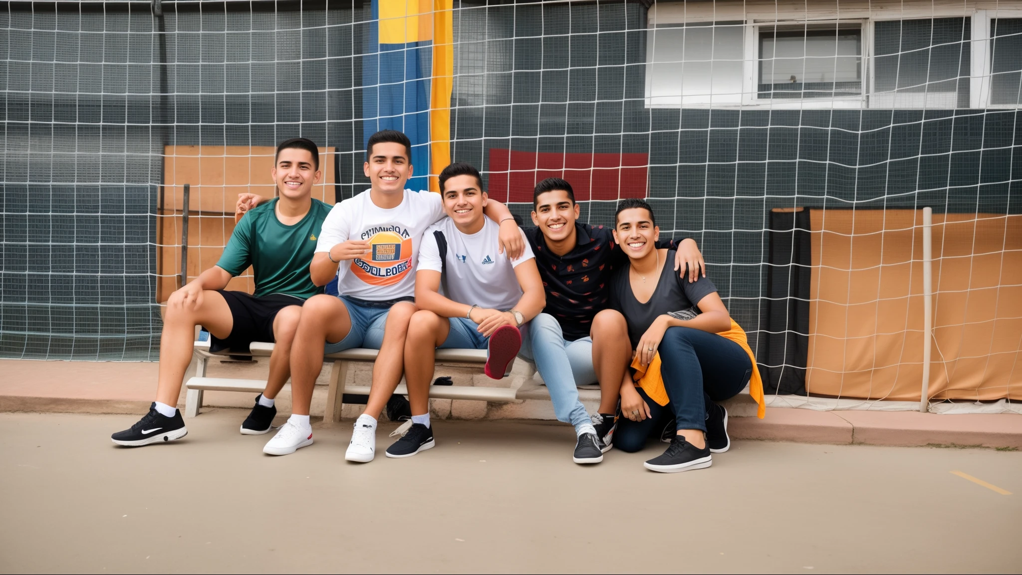 There are four people sitting on a bench in front of a goal, Toma en interior, Foto de grupo, having a great time, Imagen interior, Beautiful surroundings, una imagen, teenager hangout spot, camaraderie, photography portrait, Pose divertida, interior, by Nándor Katona, Foto de Snapchat, foto de perfil, amistad, Foto tomada en 2 0 2 0