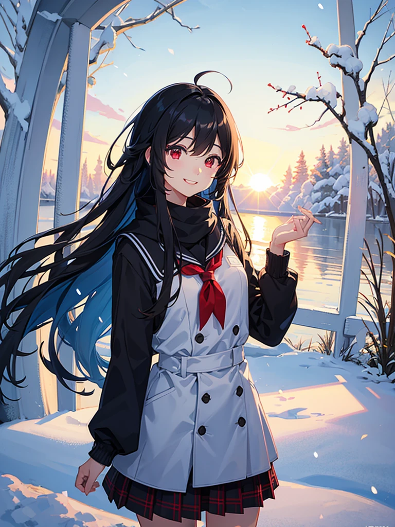 in the blue sky, beautiful sun , black long hair girl, red eyes, winter school uniform, look up sky, (sexy) smile.happy morning.season in winter.