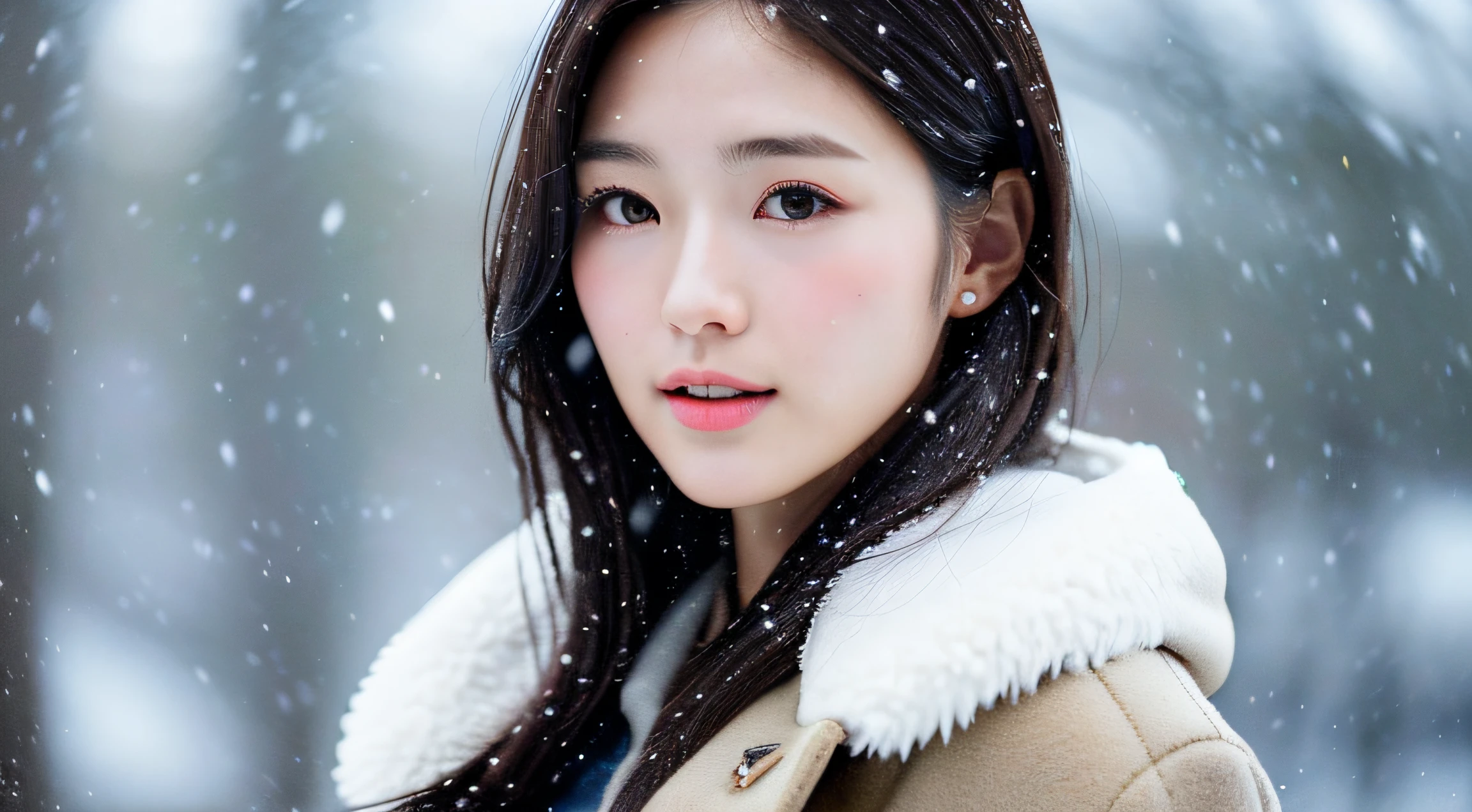 realistic photos of (1 cute Korean star) Shoulder-length hair, thin makeup, medium breasts size, wearing coat, in the snow, clear facial features, 8K high resolution, sharp and realistic details.from outside, Eye-Level Shot, f/4.0, 135mm, Fujifilm, jpeg artifacts, dithering, UHD, masterpiece