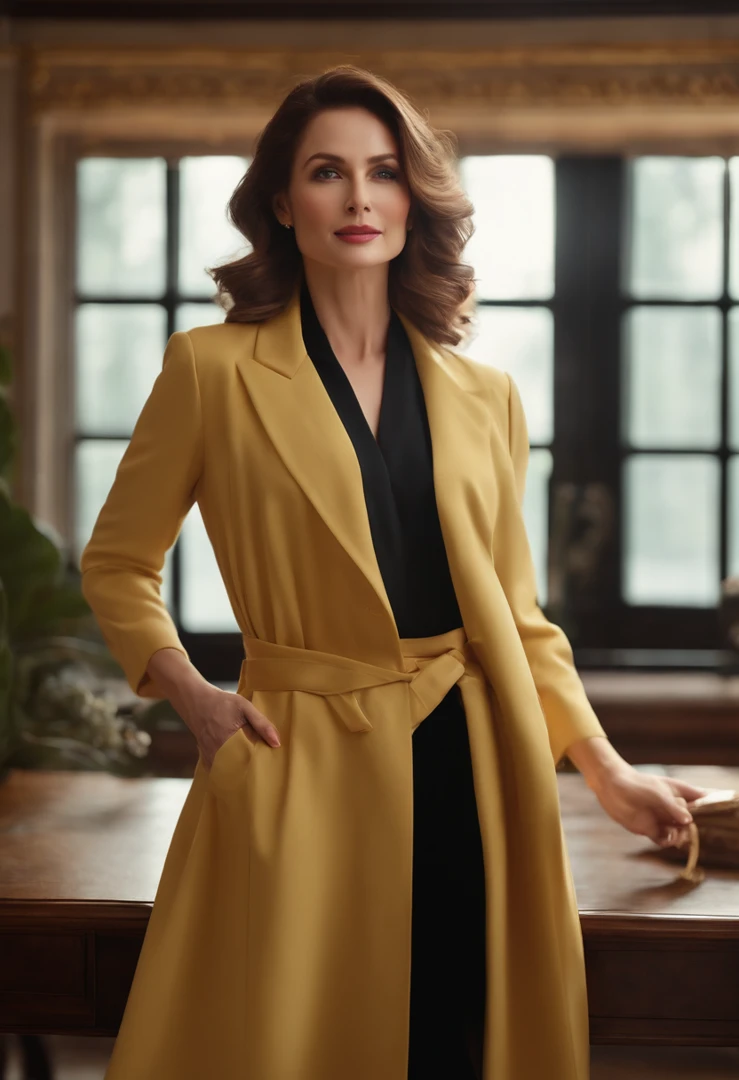 Middle-aged beauty、Stand confidently、facing the front there、Stylish hairstyle、The movements are smooth、ellegance、well dressed、Cross your hands naturally、inside in room