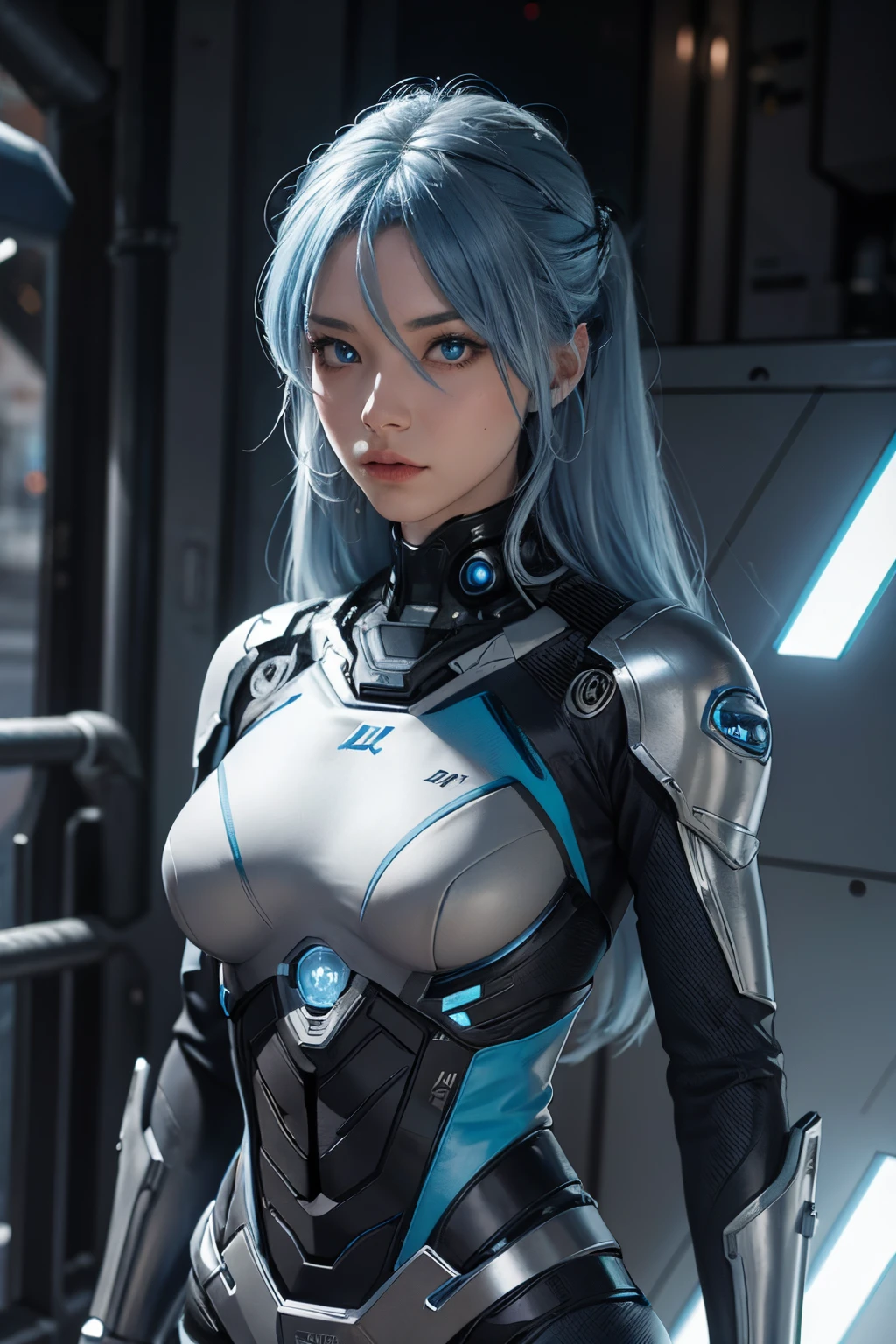 Female cyborg,blue hair,blue eye,black and grey and blue costume