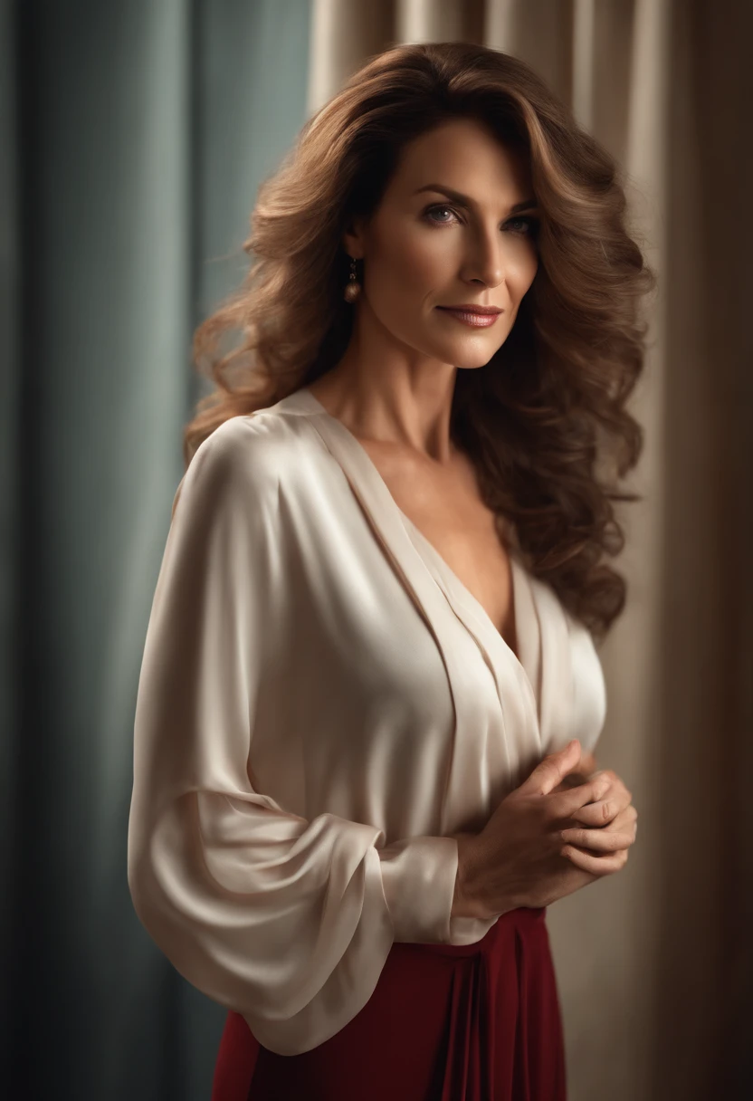 beautiful confident middle-aged woman, confidently standing, facing forward, with a stylish hairstyle, flowing movement, elegant, appropriately dressed, hands naturally crossed, inside a room [realistic,photorealistic:1.37], professional lighting, vibrant colors
