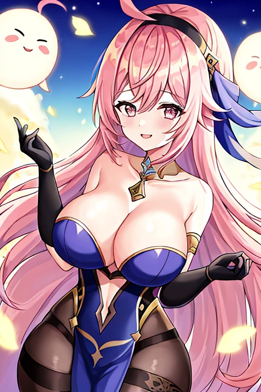 1girl, anime screencap, 2d, anime style, eyla \(genshin impact\), pink hair, breasts, large breasts, thick thicks, wide hips, smile, black headband, headband, hourglass figure