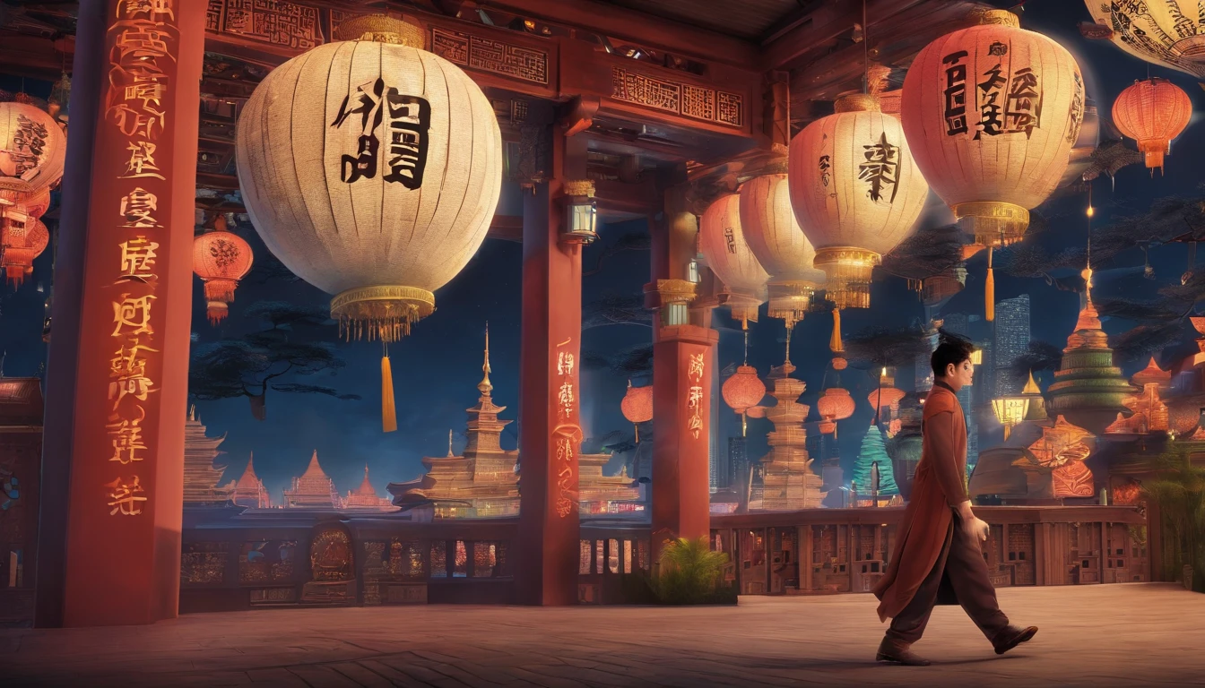 Very beautiful night 3D,A man walks in the city late at night,crowd of,Character vistas,Large depth of field perspective,New Year atmosphere,chinese fantasy,Dreamism,Vivid effects and details,Excellent picture quality,A high resolution