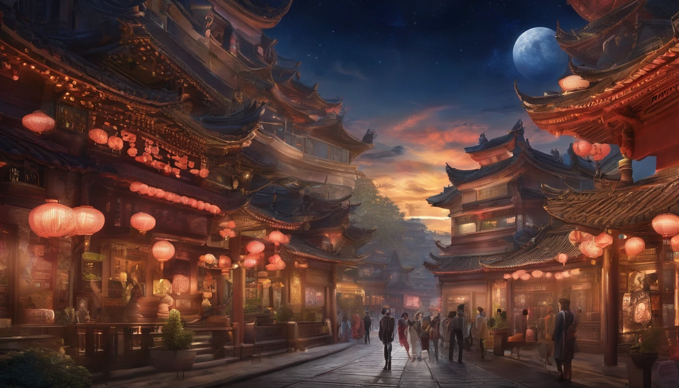 Very beautiful night 3D，A man walks in the city late at night，crowd of，Character vistas，Large depth of field perspective，New Year atmosphere，chinese fantasy，Dreamism，Vivid effects and details，Excellent picture quality，A high resolution