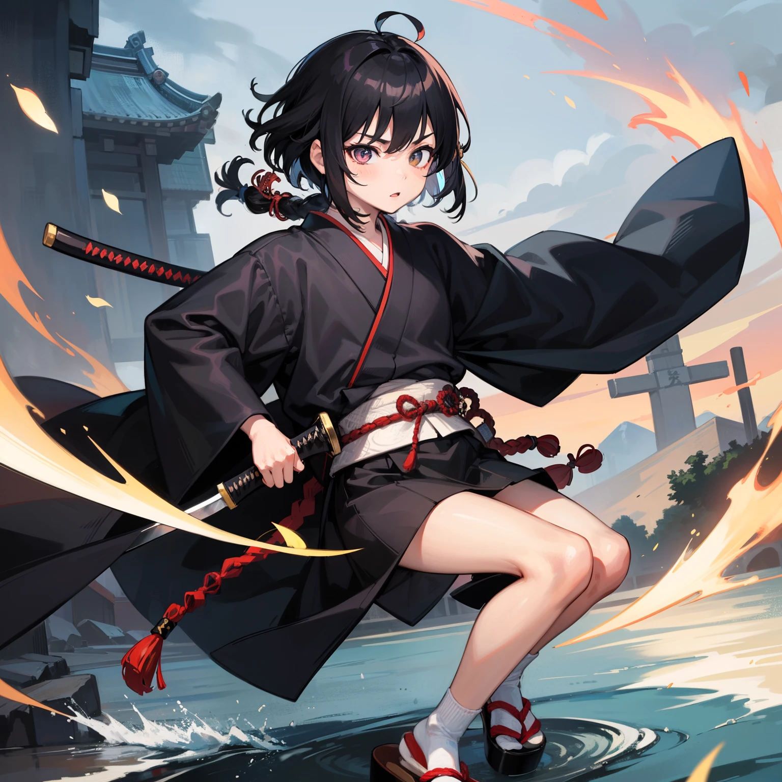 1 asian boy,Help him,Gamine,swordsman,ronin,,black color hair,Short hair details,Common,Kimono white,white ronin uniform,clogs,White socks,samurai braid,Japanese braids,黑The eye, pale-skinned ,Samurai sword,Tachi