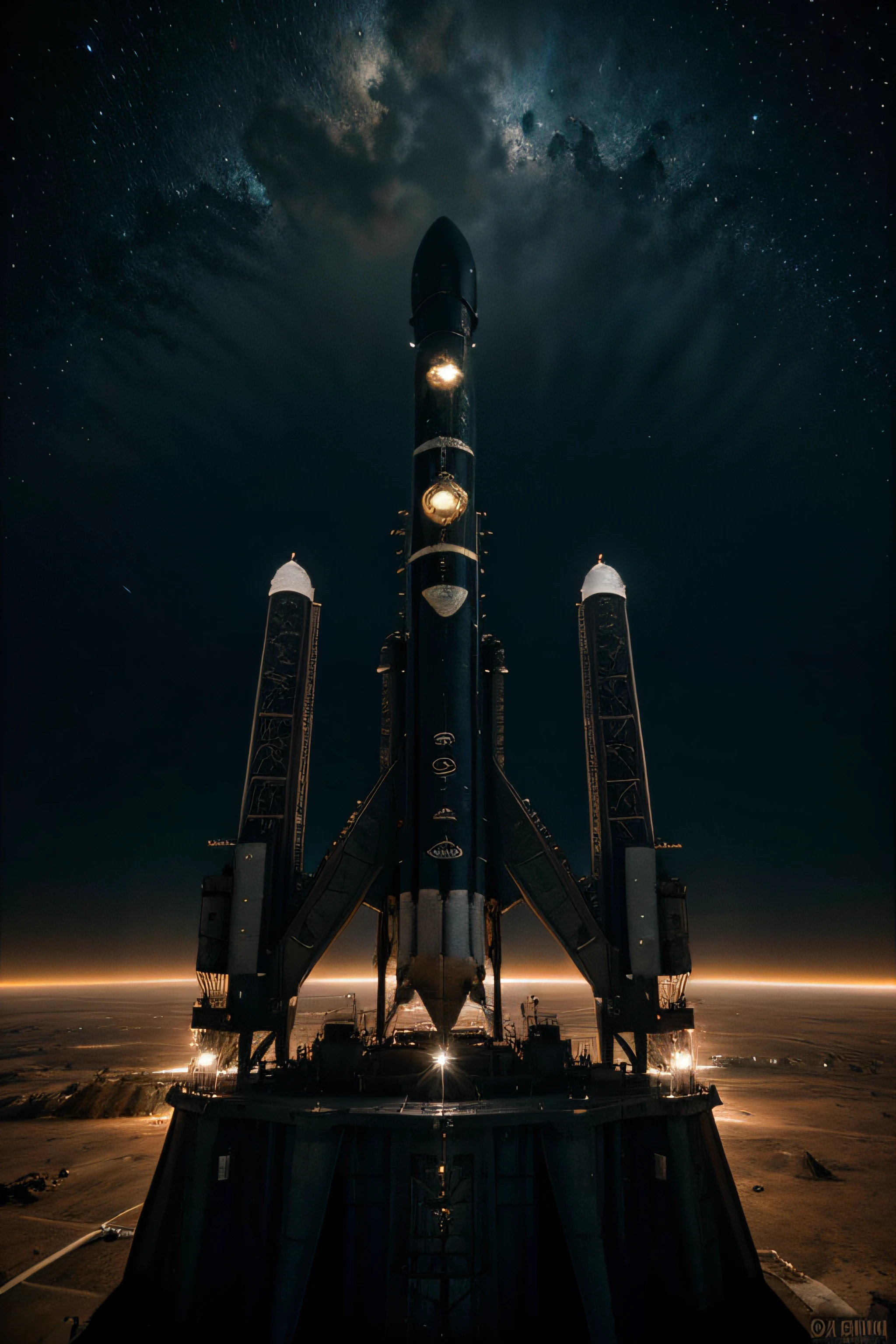 In the dark space, an advanced and high-tech space rocket is far away from the earth, the earth is far away from the picture, the metal texture is strong, the picture is bright, different machines, photography masters, details of the space rocket, ultra-wide angle, ultra-wide angle, high reality, light and dark