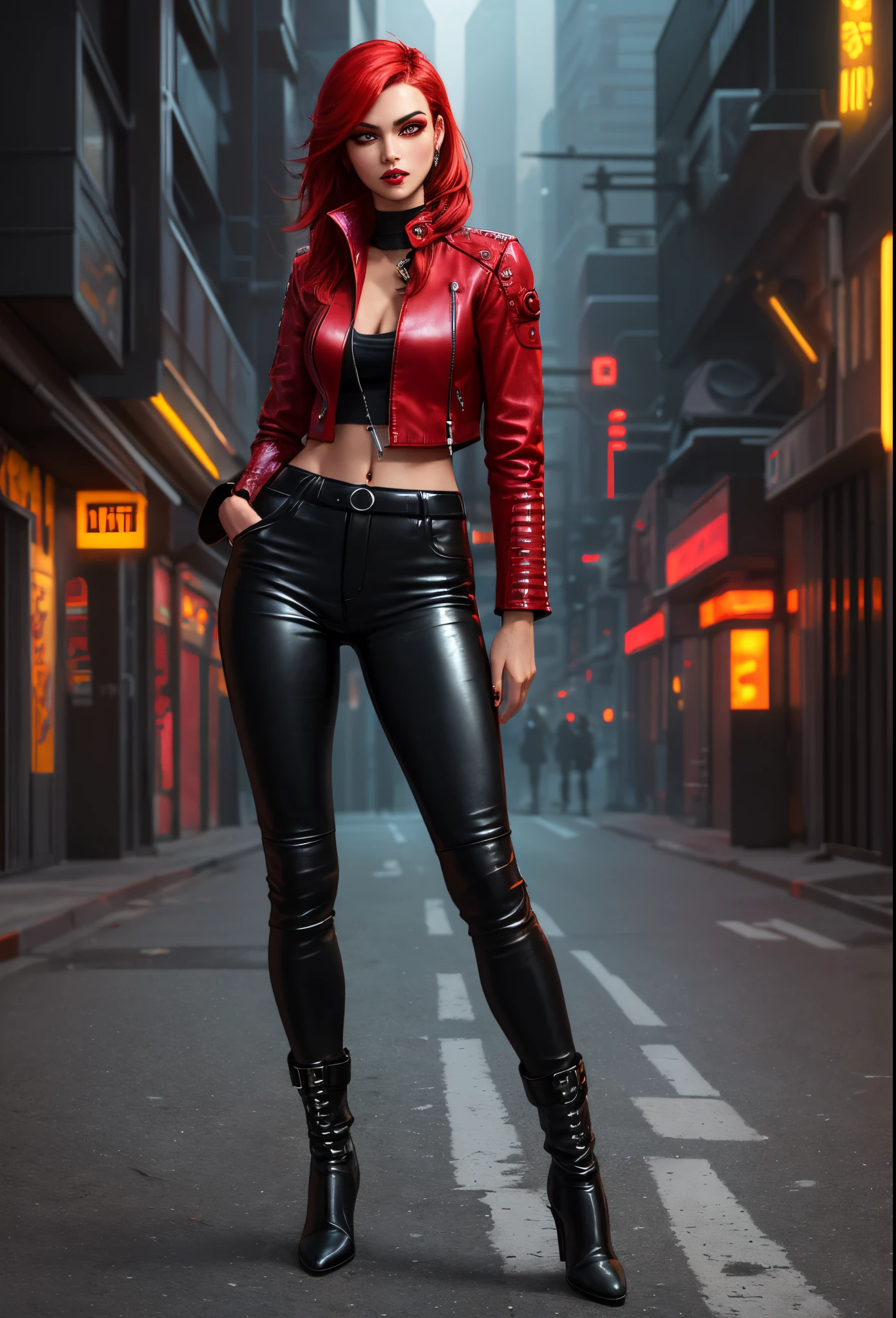 beautiful girl, ((chin: 1.4)), (confident gaze: 1.1), full body, long bright neon streaked red hair, ((realistic, highly detailed eyes: 1.4)), ((seductive pose : 1.2)), (full breasts: 1.2) black eyeshadow , (street style wear: 1.2), ((skinny leather red pants)), ((skinny leather red jacket)), ((knee-high leather red boots)), ((dark, dead futuristic city street background: 1,4)), dark makeup, digital art, trendy artstation, highly detailed, fine details, intricate, detailed facial features, sharp focus, smooth, aesthetic