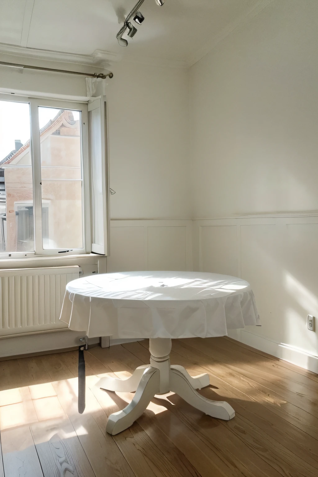 {{tmasterpiece}},Best quality at best,The content is very detailed,blank house,The table is uneven,round tables,cover the table,white cloth,Nothing else,white wall,spotlight lights