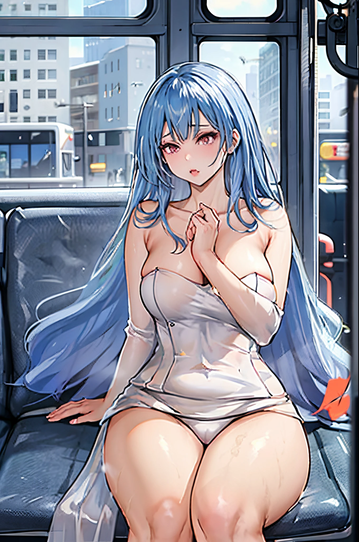 masterpiece, best quality, 1girl, seductive woman, flirtatious expression, wearing revealing clothes, sitting close to embarrassed man, crowded city bus, evening light shining through windows, intricate details, dynamic composition,