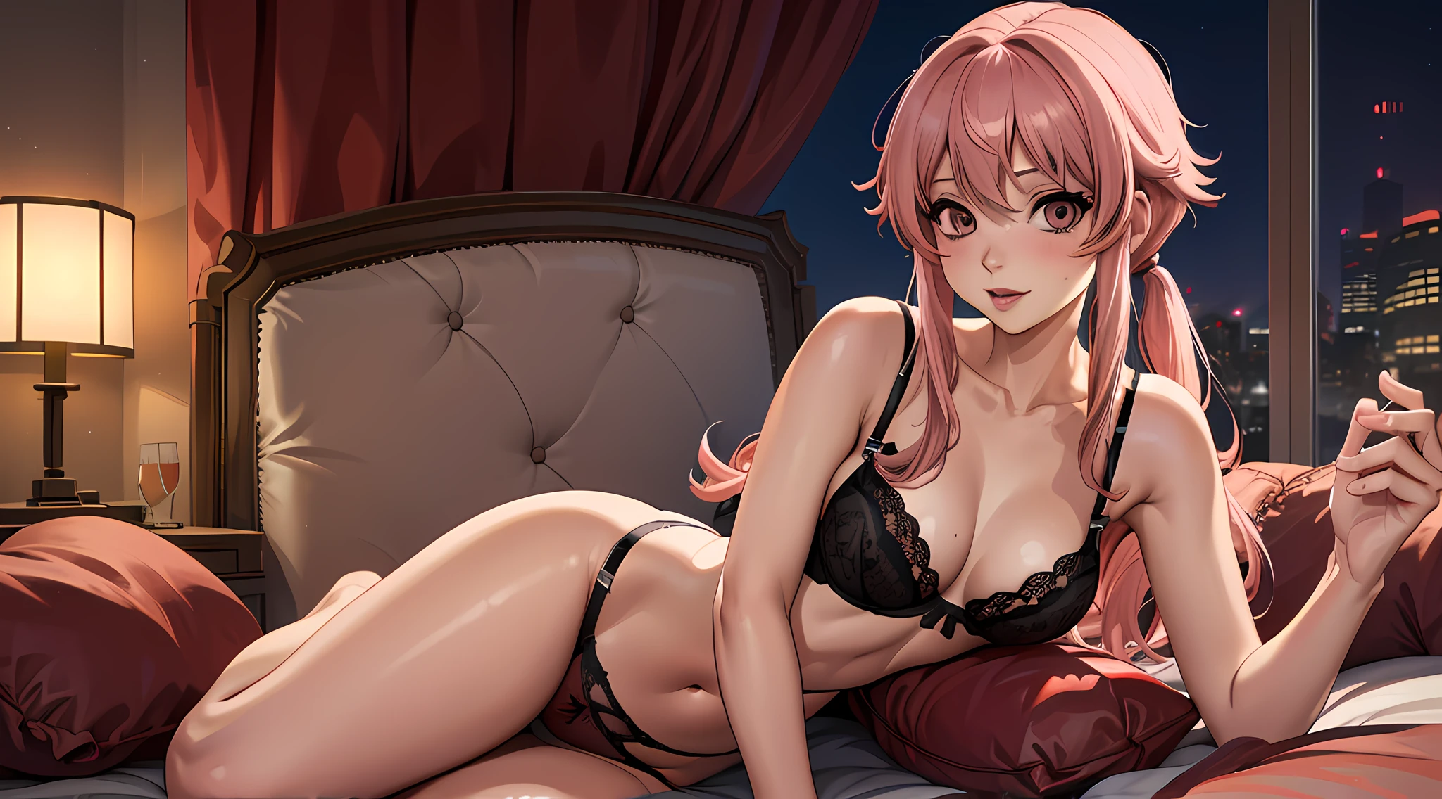 (best quality:1.3), Yuno Gasai , ((lingerie)), (cabelo rosa), peituda, clivagem, sedutora, sexy, body curvy, bunda grande, peitos grandes,