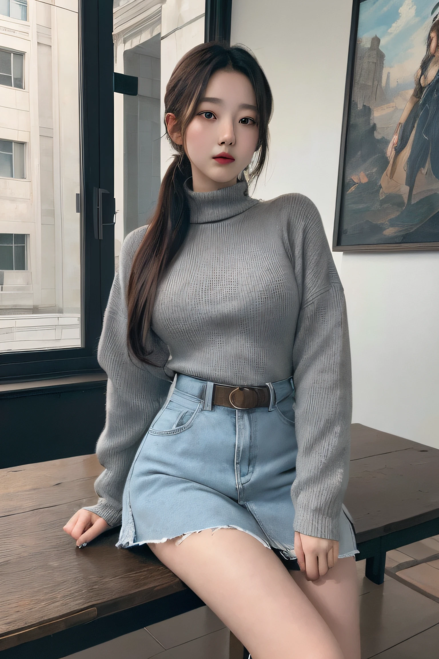 top-quality、hight resolution、ultra-detailliert、​masterpiece、Raw photography、realisitic、Photorealsitic、extremely delicate and beautiful、finely detail、Textured skin、(in hotel)、2 people,man and woman、japanese、18year old both、(((woman wearing short denim skirt and knitsweater ,man is businessman wearing suits)))、woman upskirt and Showing pink panties,detailed panties,detailed frilled panties showing、tall、light Brown hair、wavy hair,short hair,Wearing makeup、smile,(Bare legs:1.5)、perfectly proportions,lying down on the desk and spreading her legs,vaginal sex pov ,gal,blonde hair,closed eye,embarrassed