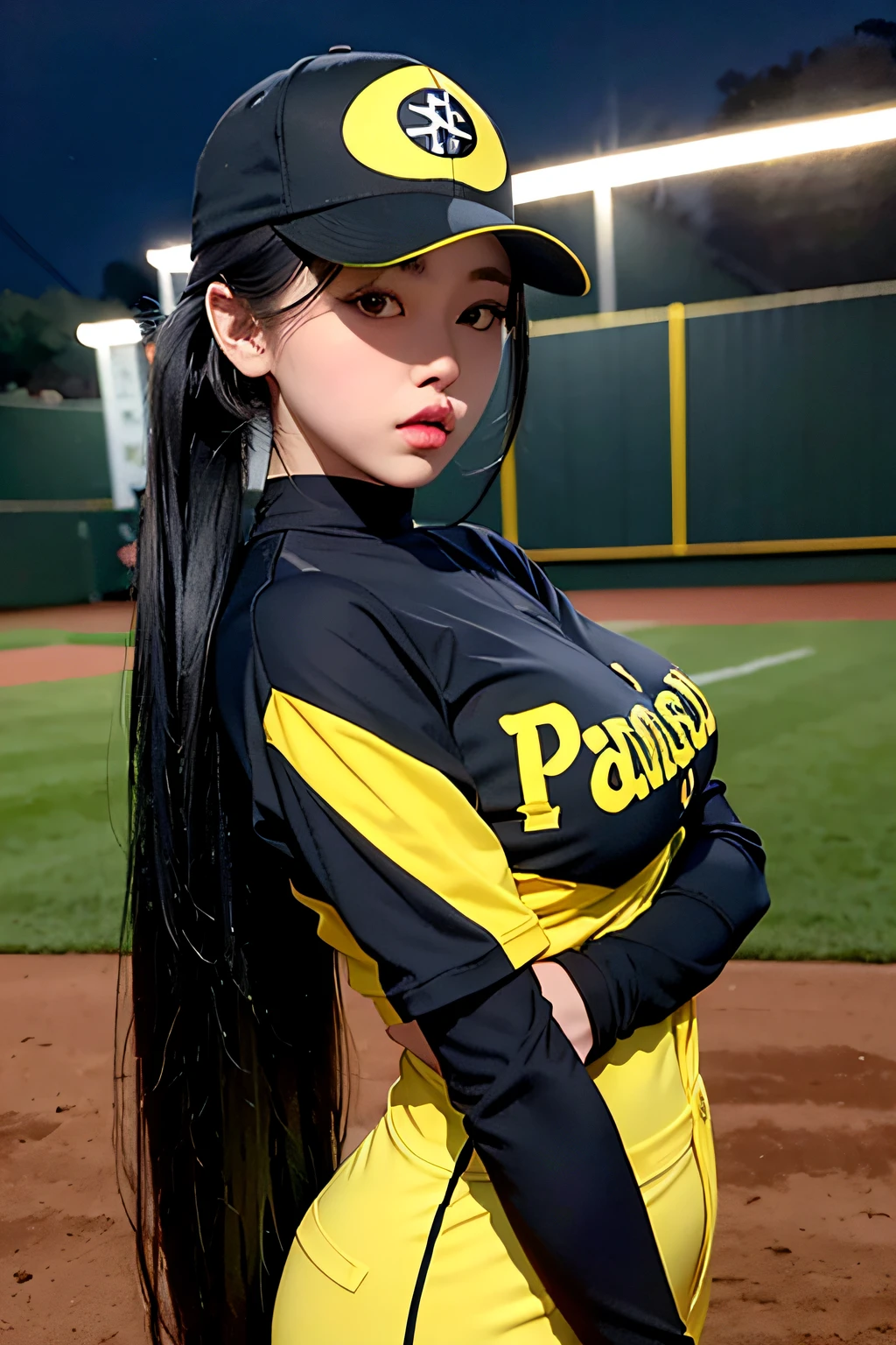 1girl、Long black hair、poneyTail、huge tit、baseball player、He wears a black and yellow striped cap.、wears a black and yellow striped uniform、Holding the bat、Night Skiing Lighting、next batter、natta、full bodyesbian、a closeup、8k、RAW Photography、top-quality、​masterpiece、realisitic、Photorealsitic