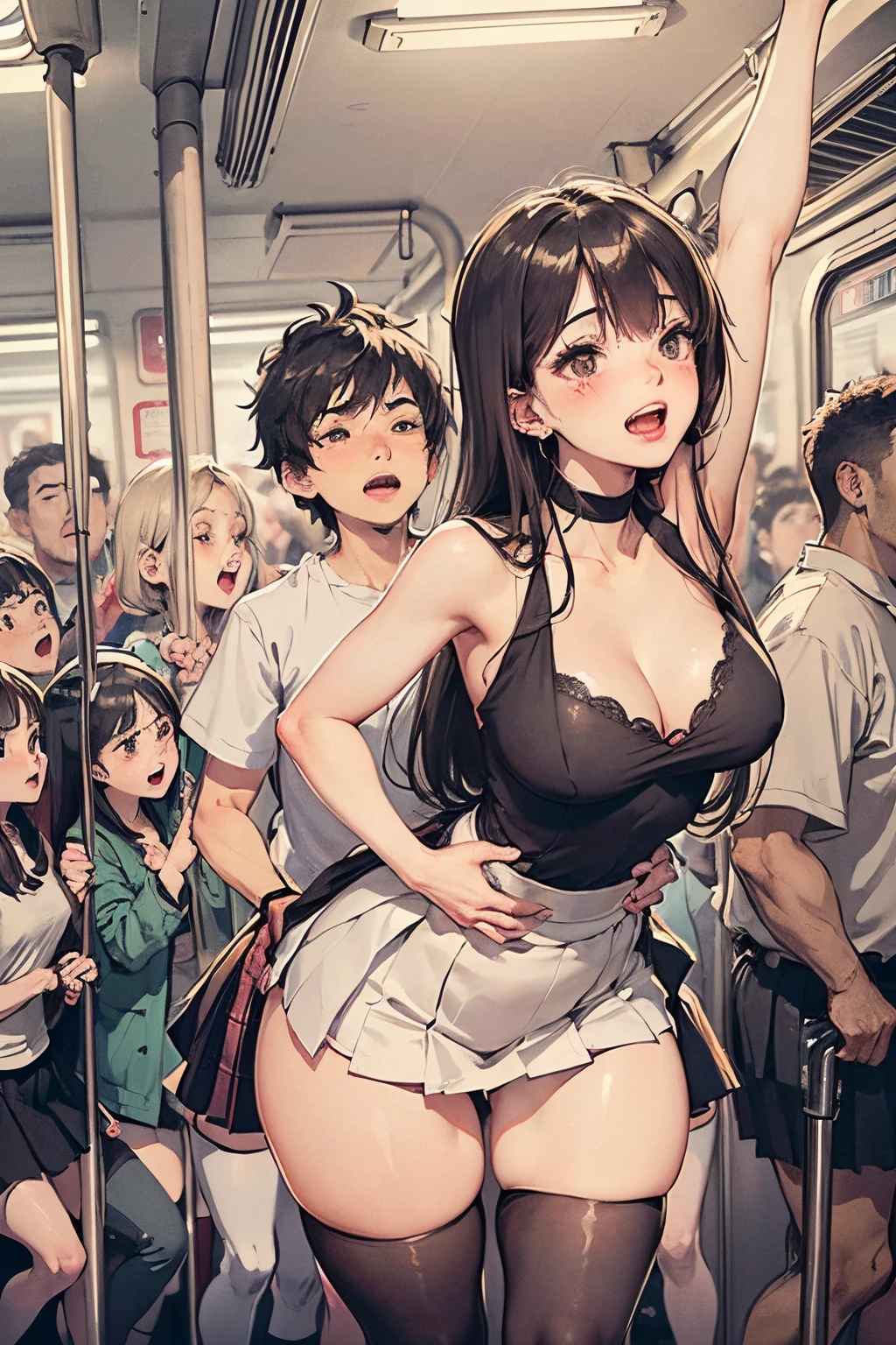 (SFW), ((photorealistic)), (masterpiece), (best quality:1.3), absurdness, [:intricate details1.3], SFW, realistic, masterpiece, (VERY crowded subway train interior detailed scenario, VERY crowded subway train interior detailed background), standing insanely hot (young woman 1) (((both arms up reaching a high handle))), using sexy ((skirt)), ((behind skirt lifted)), ((3/4 white stockings)), ((big ass)), (((ass bent over))), ((thick thighs)), (fear expression), (blushed face), (perfect body proportions)),  ((, 14 yo, skinny) ass gg woman 1 from behind), (((very small young boy, ((pon, open mouth)), pressing his chest on young woman 1 back))) and (((holding her waist behind her)))