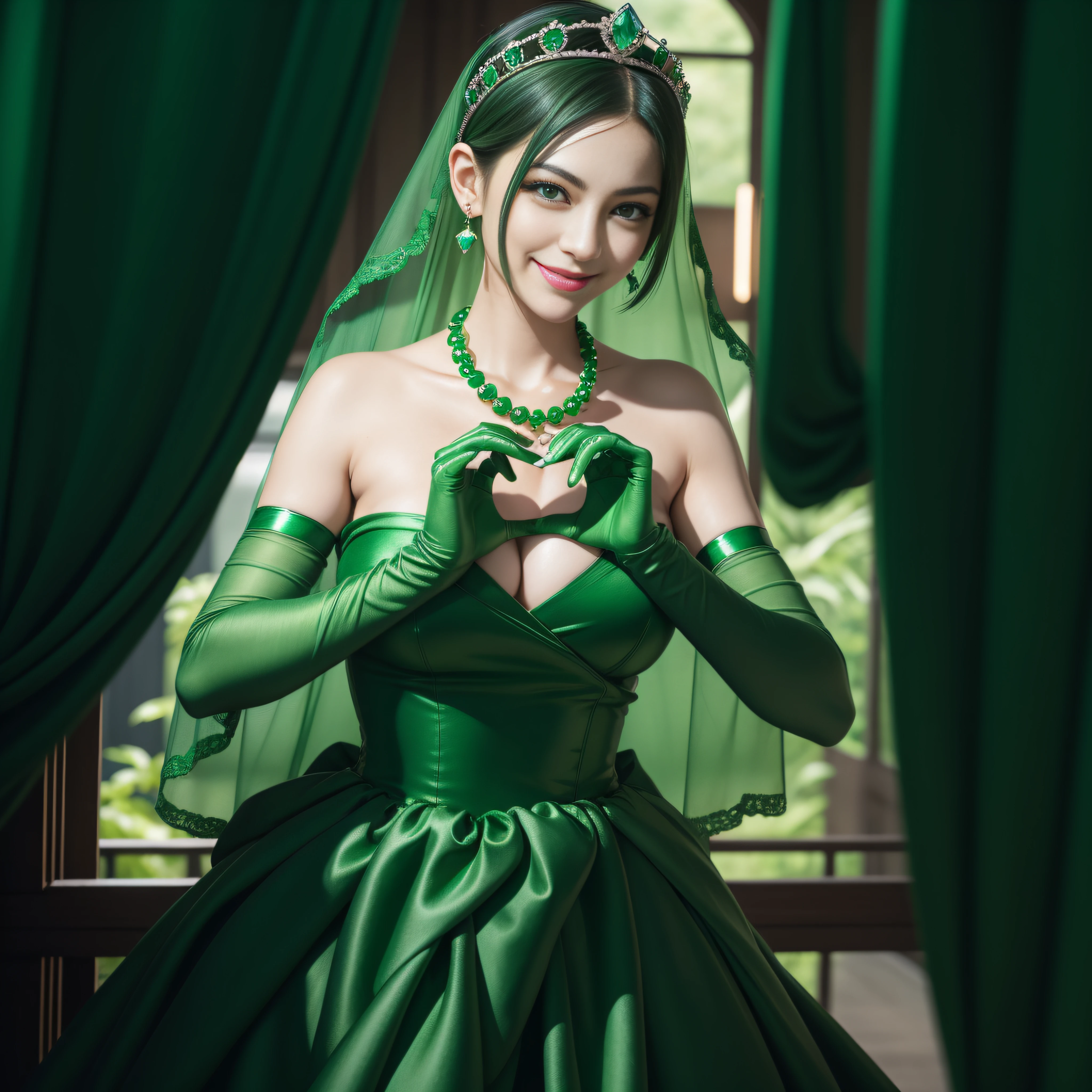 emerald tiara, Green Pearl Necklace, Boyish very short green hair, lipsticks, Japan woman smiling, very short short hair, big breasts beautiful, Green eyes, Long green gloves made of satin material, Green eyes, Emerald Earrings, green vale, Heart with both hands