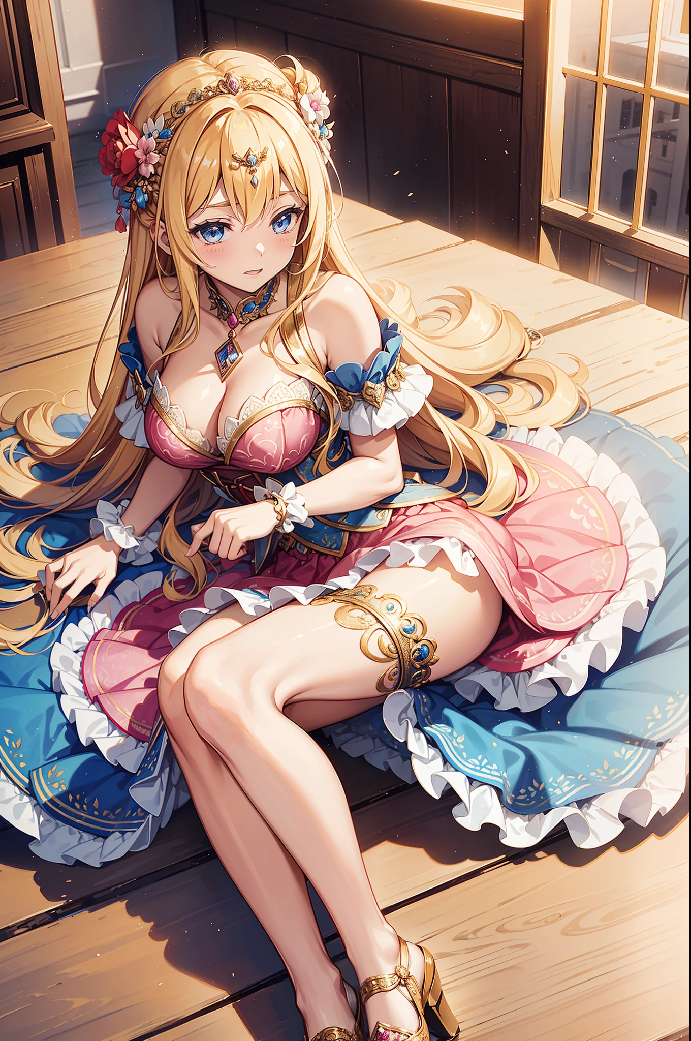 22-year-old girl，Obsessed，In love，Pose seductively，(Princess dress:1.2)，dark blonde wavy hair，eBlue eyes，Maximalism，Multiple layers of delicate ruffles，Lots of games，(delicate patterns:1.1)，(Beautifully dressed:1.1)，(Yellow-white tones)，Princess Crown，Sheer transparent clothes，beautiful  detailed face，Bedroom scene in Western mythology，电影灯光，the only person，(Flowing skirt:1.1)，metal decoration，Lace,(shine:1.2), (Best quality at best), (On the table:1.2), chest emphasizing pose、Pink lace panties