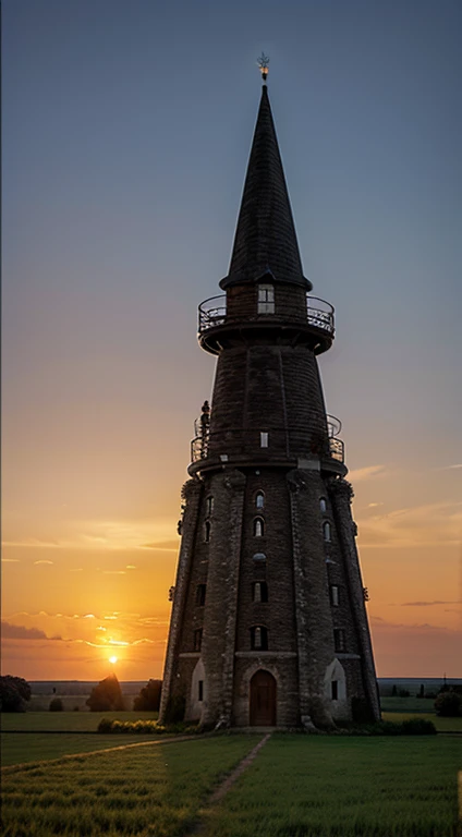 a wizard tower in the middle of the fields, beautiful sunset