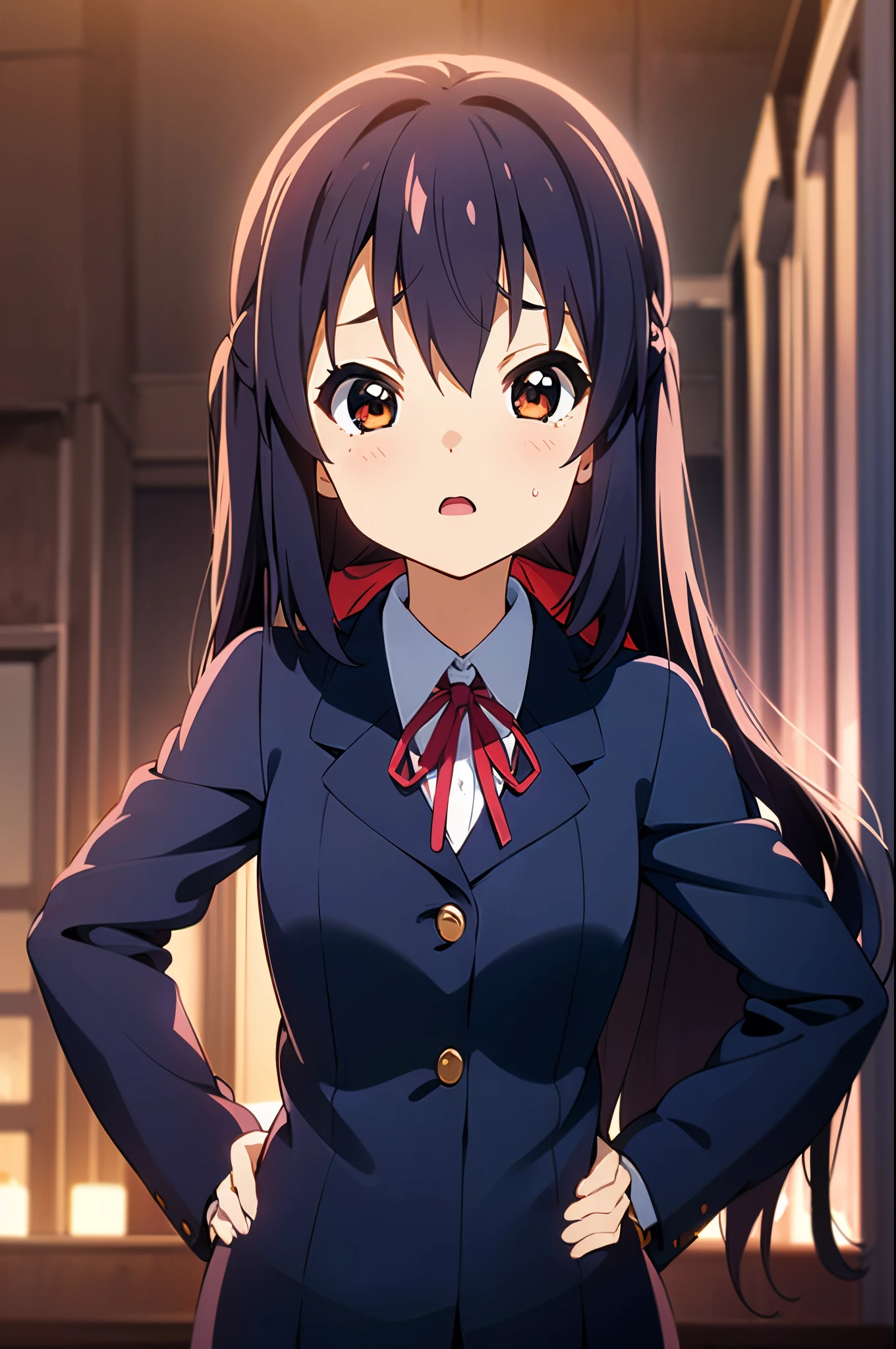1girl, (((masterpiece))), highest quality, best quality, high detail, nakano azusa, 1girl, sakuragaoka high school uniform, school uniform, twintails, long hair, black hair, brown eyes, solo, red , a navy blue blazer with red narrow ribbon, a solid white buttoned shirt under the blazer, illustration, cartoon, soothing tones, calm colors, soft cinematic light, adobe lightroom, photolab, hdr, intricate, highly detailed, ((((depth of field)))). (((takeout))).dynamic focus.((big breasts)).(((Skyscrapers))).(((A city scape))).(((Face of sadness))). open mouth.(((put hands on the hip))).(((up chest))).((evening glow)).((the setting sun)).