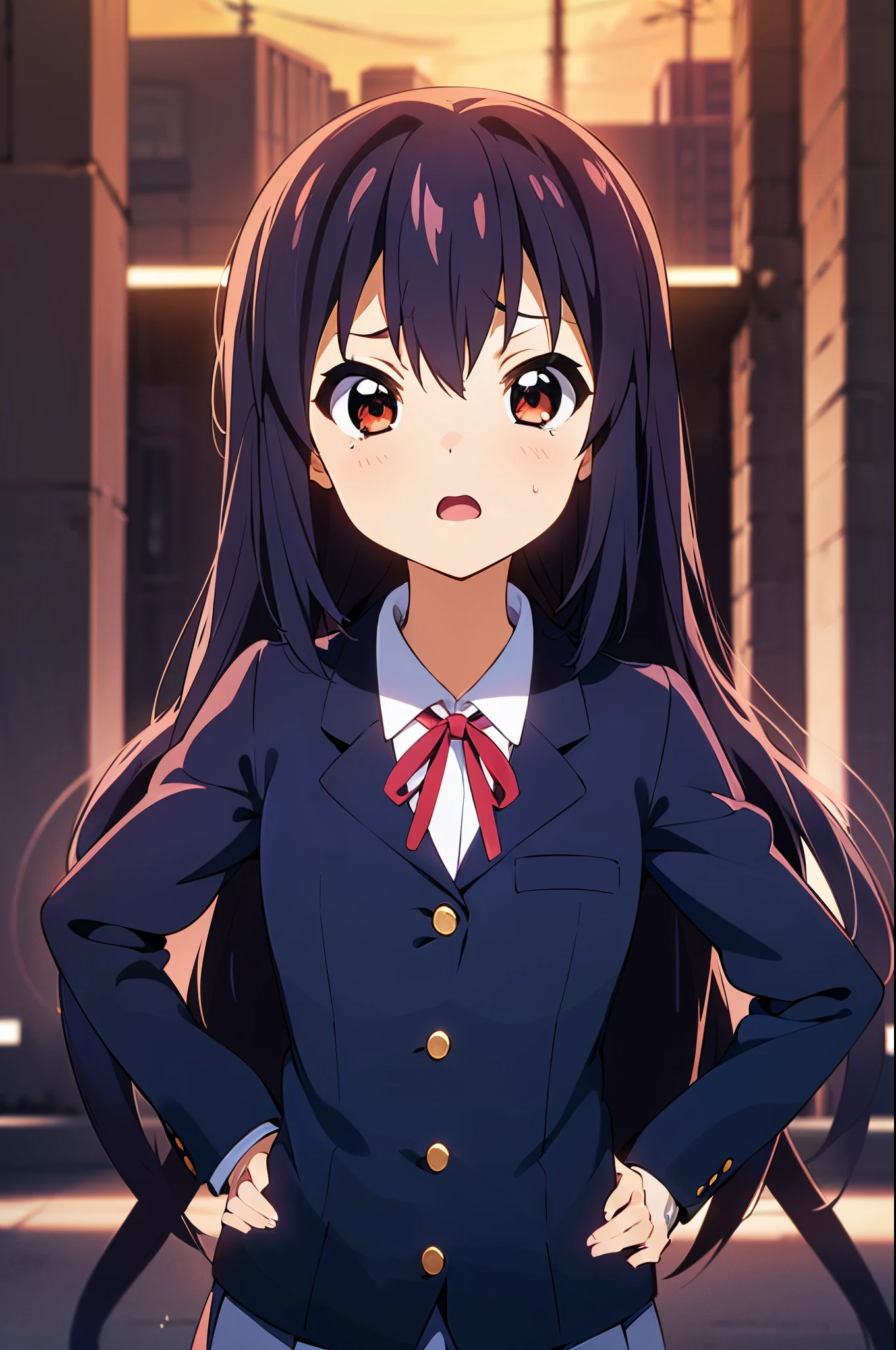 1girl, (((masterpiece))), highest quality, best quality, high detail, nakano azusa, 1girl, sakuragaoka high school uniform, school uniform, twintails, long hair, black hair, brown eyes, solo, red , a navy blue blazer with red narrow ribbon, a solid white buttoned shirt under the blazer, illustration, cartoon, soothing tones, calm colors, soft cinematic light, adobe lightroom, photolab, hdr, intricate, highly detailed, ((((depth of field)))). (((takeout))).dynamic focus.((big breasts)).(((Skyscrapers))).(((A city scape))).(((Face of sadness))). open mouth.(((put hands on the hip))).(((up chest))).((evening glow)).((the setting sun)).