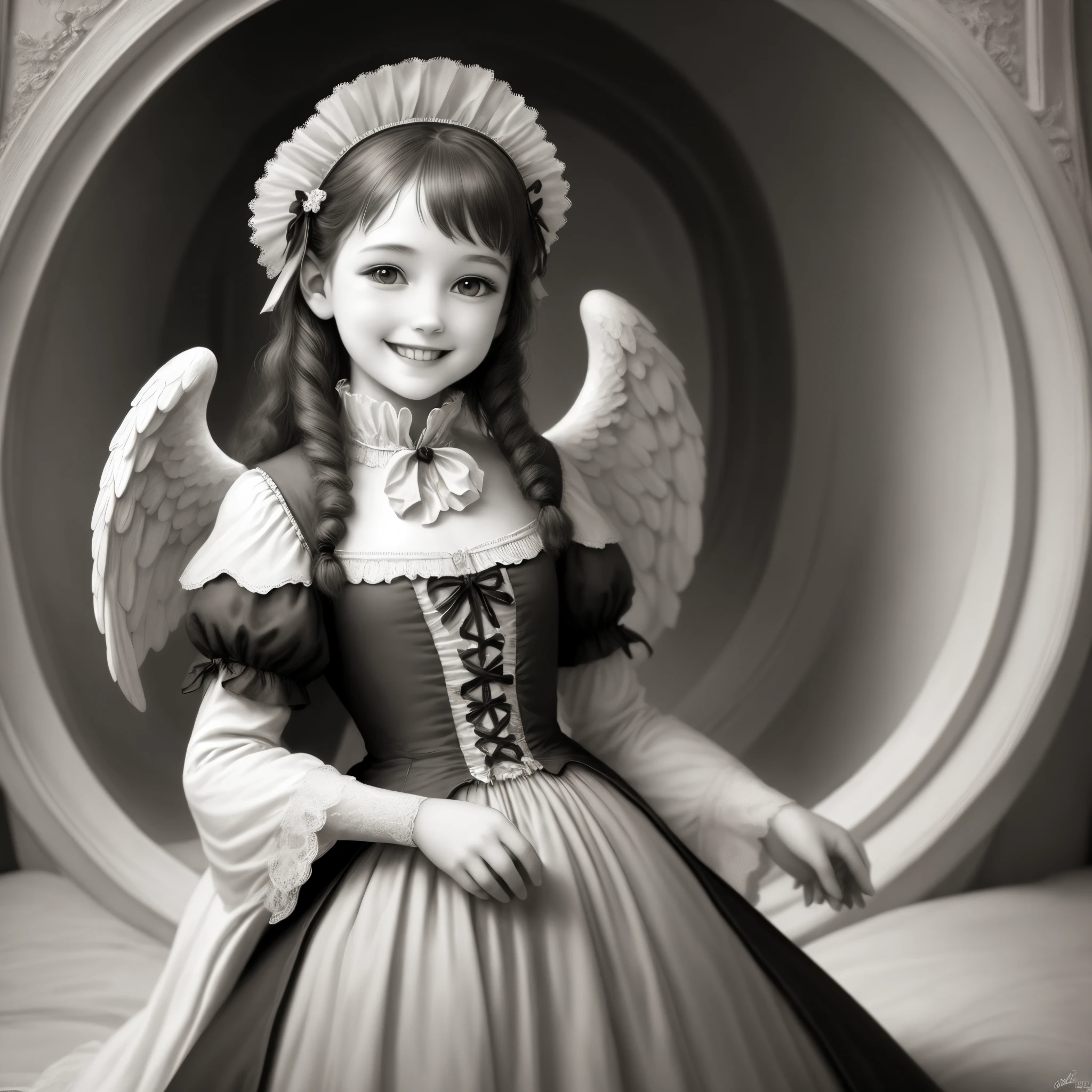 Victorian fantasy art monochromes Smiling little angel