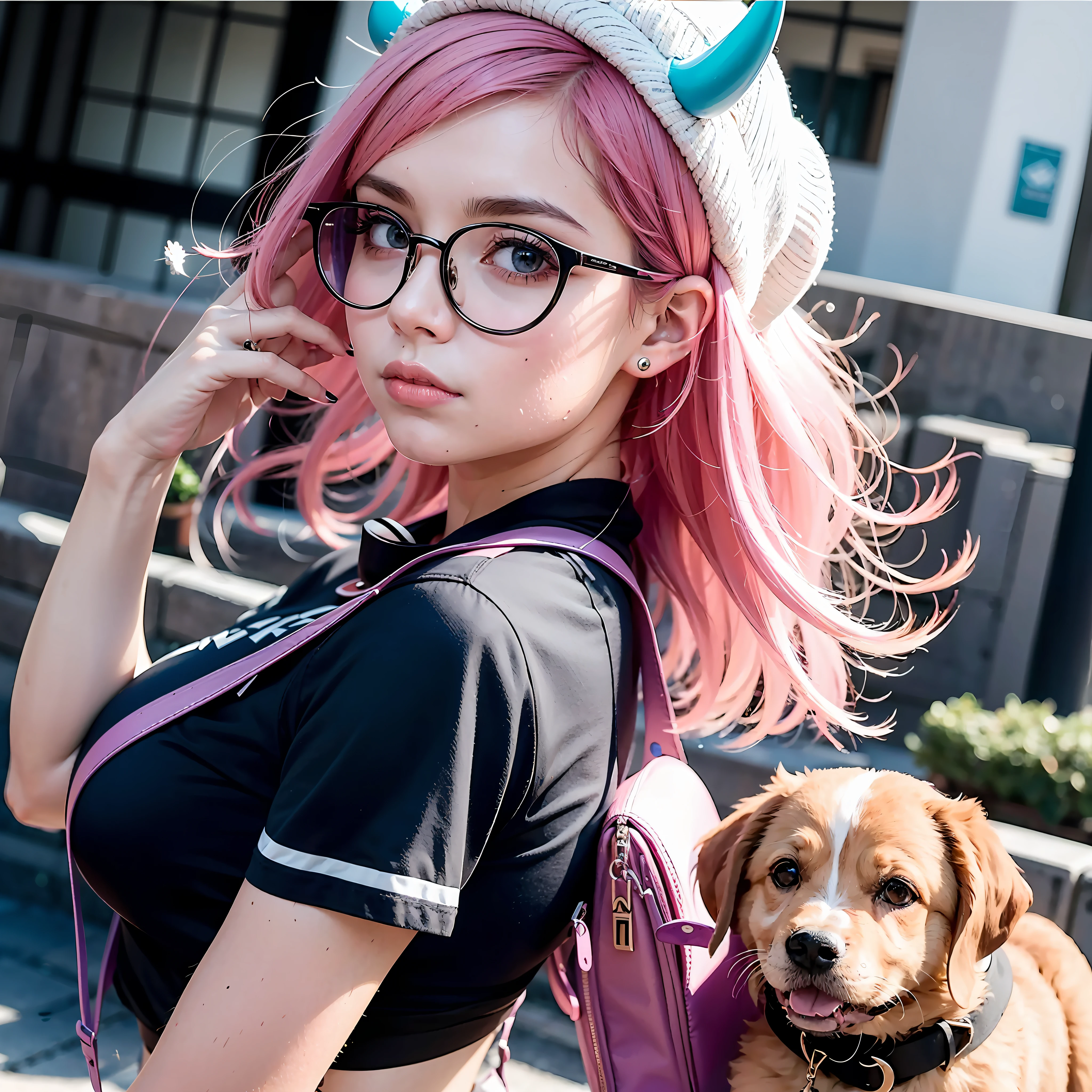 Cosplay, (cabelo rosa), usando camisa xadrez, 
 cabelo coque, Round Eyewear, Hat with striped purple horns, carregando cachorro na mochila, bowed head