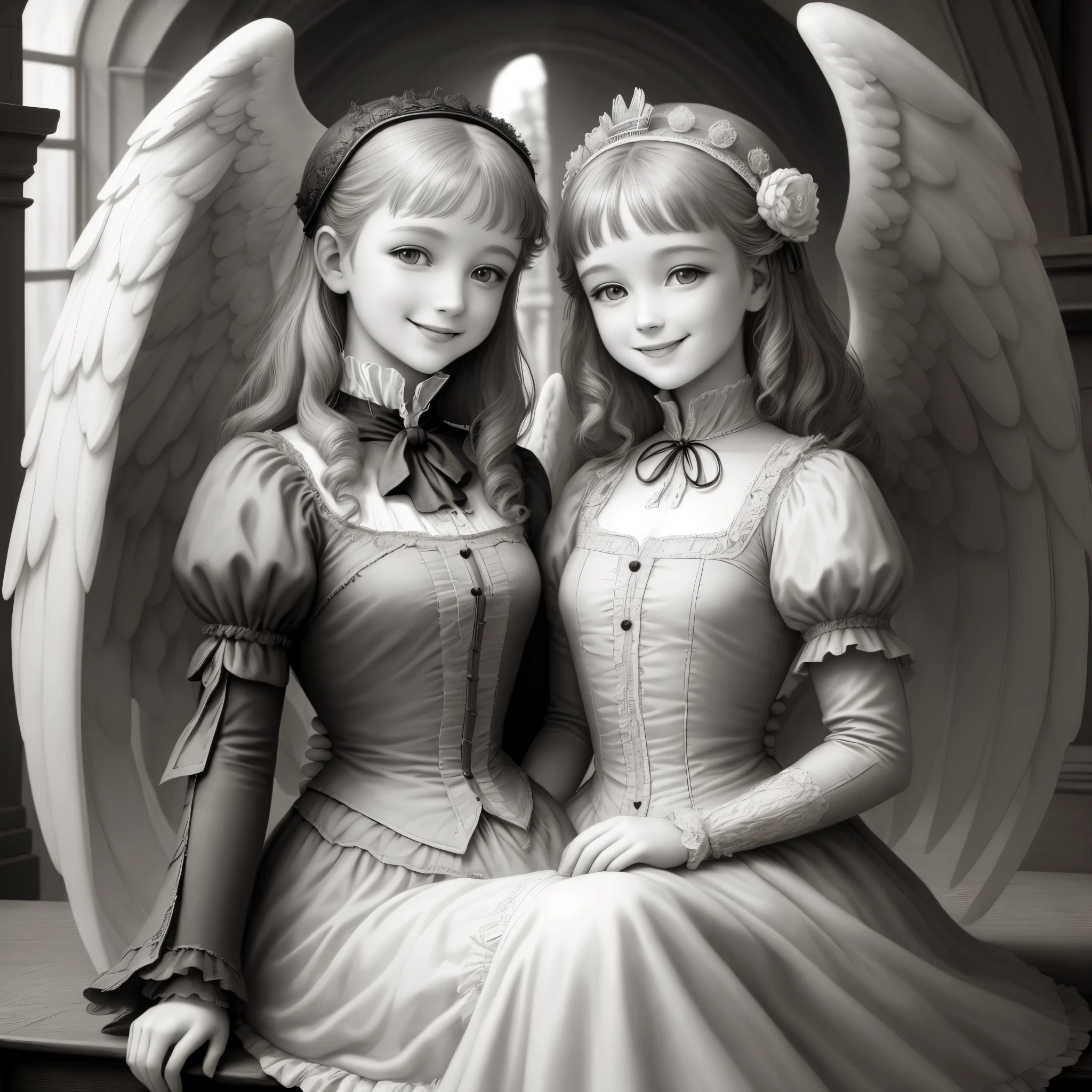 Victorian fantasy art monochromes Smiling little angel