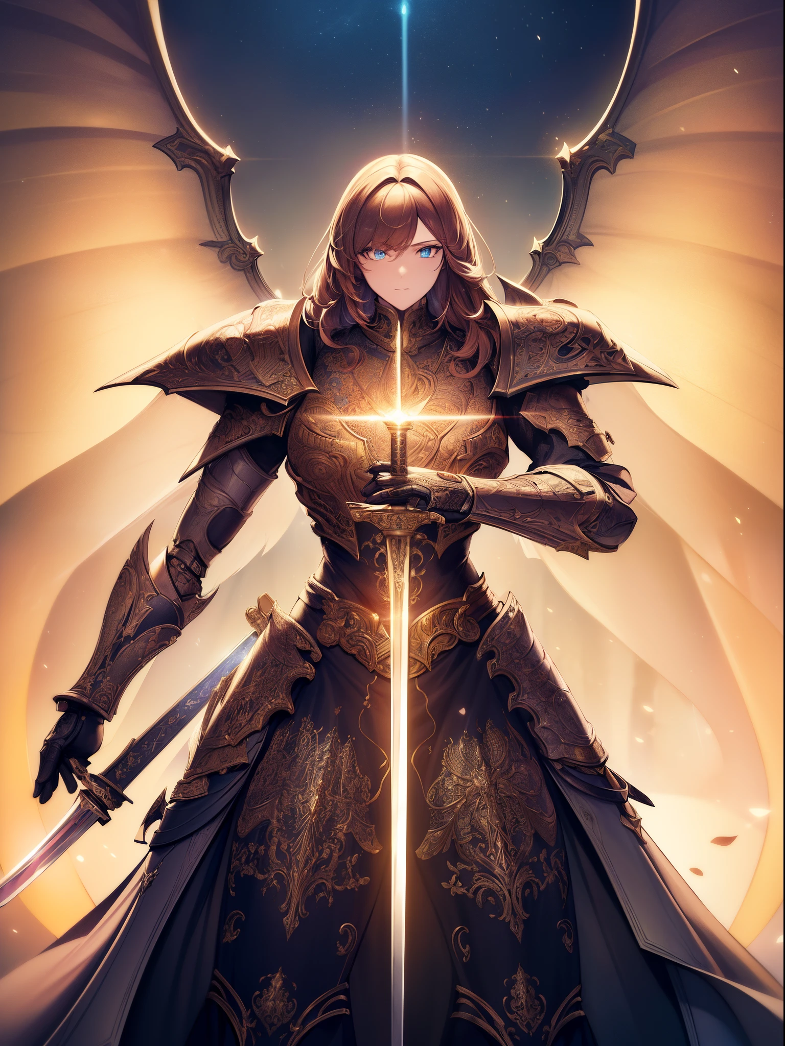 (masterpiece, best quality:1.3),extremely high detailed, intricate, 8k, HDR, wallpaper, cinematic lighting, (universe),(holding sword:1.3), glowing, armor, glowing eyes, mecha, large wings,