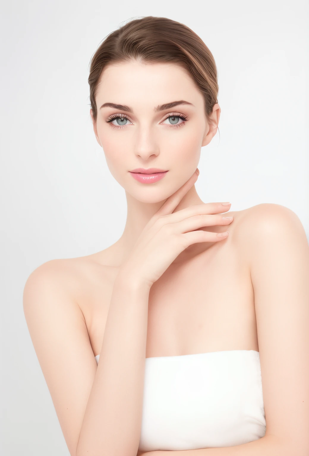 Alafid woman wearing white towel posing for photo, Smooth porcelain skin, woman with porcelain skin, soft flawless pale skin, smooth glowing skin, pale glowing skin, Beautiful face and flawless skin, clean face and body skin, pristine skin, beauty campaign, glowing porcelain skin, Photo shoot for skin care brand, Beautiful and accurate face shape and body shape, Milky skin, smooth fair skin