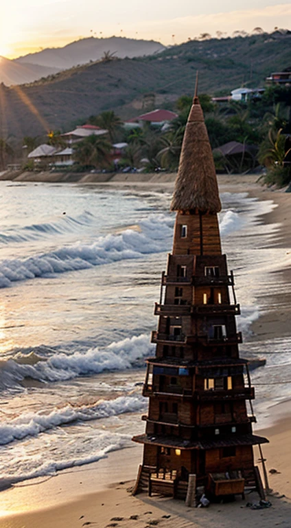 a wooden wizard tower with real palapa on top, on the beach, sunrise, mexico