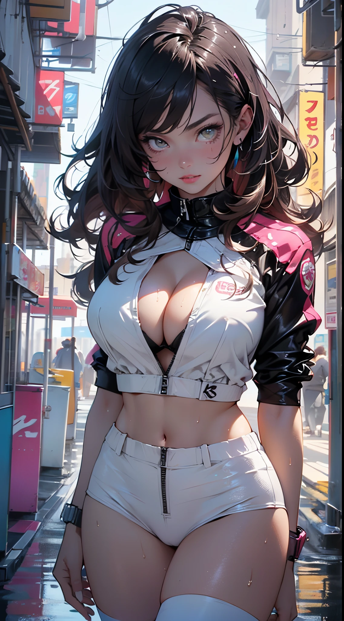 cute pit girl,(((1girl))),((pit girl with extremely cute and beautiful brown hair)),
(large breasts:1.4),saggy breasts,(((brown wavy hair:1.35,colored inner hair,ear breathing,large hair))),((heterochromia:1.5, (yellow_eye and pink_eye))),intricate eyes,beautiful detailed eyes,symmetrical eyes,big eyes:1.3,,((fat)),(((olive skin,lustrous skin:1.5,bright skin: 1.5,skin tanned,shiny skin,very shiny skin,shiny body,plastic glitter skin,exaggerated shiny skin,illuminated skin,wet legs))),(spider lower abdomen,narrow waist,wide hip,athletic body,inflated legs,detailed body,(detailed face)),
cute,slutty,seductive,erotic,(nsfw),
zettai ryouiki,(((race queen style costume, attractive companion costumes,pit girl costume))),(magenta suit unbuttoned,magenta costume),(((huge cleavage))),cleavage cutout,((wet clothes,intricate outfit,intricate clothes)),
(dynamic pose:1.0),solo focus,embarrassed,(centered,scale to fit dimensions,Rule of thirds),
cyberpunk city by the ocean at night, with bright neon signs and dark stormy clouds and puddles, scenery:1.25,nighttime, starry night, cosmos,Very dark night that makes the neon lights stand out, very bright neon lights,nighttime, starry night, cosmos,
artistic photography,(photography taken by sldr),highres, sharp focus,(ultra detailed, extremely detailed), (photorealistic artwork:1.37),(extremely detailed CG unity 8k wallpaper),((synthwave background theme)),(((vibrant colors))),intricate,(intricate background),(masterpiece),(best quality),perfect rendered face,perfect face details,realistic face,photo realistic,analog style,((intricate detail)),(((realism))),