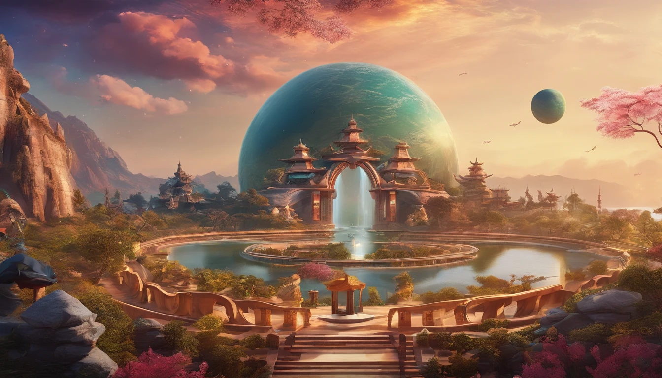 Very beautiful night planet 3D,Xingchen,the sea,Large depth of field perspective,New Year atmosphere,chinese fantasy,Dreamism,Vivid effects and details,Excellent picture quality,A high resolution