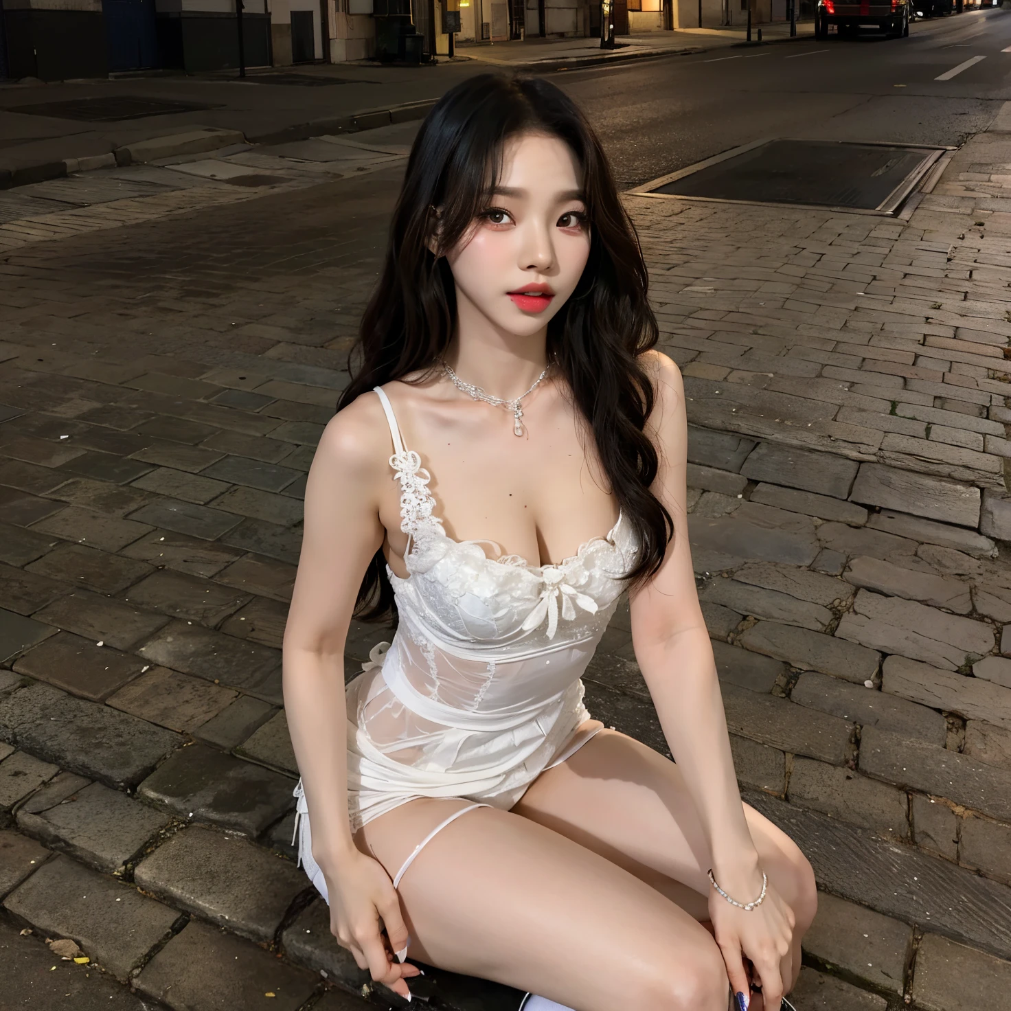 Araffed Asian woman in white lingerie sitting on a brick sidewalk, Traje blanco sedoso, Chica coreana, Hermosa joven coreana, Hermosa mujer surcoreana, Asian girl, Hermosa joven coreana, beautiful asian girl, Traje de ropa ajustado blanco liso, Mujer encantadora, Mujer coreana, smooth translucent white skin, Wearing sexy lingerie, vestido sexy, sexy girl, Chica china