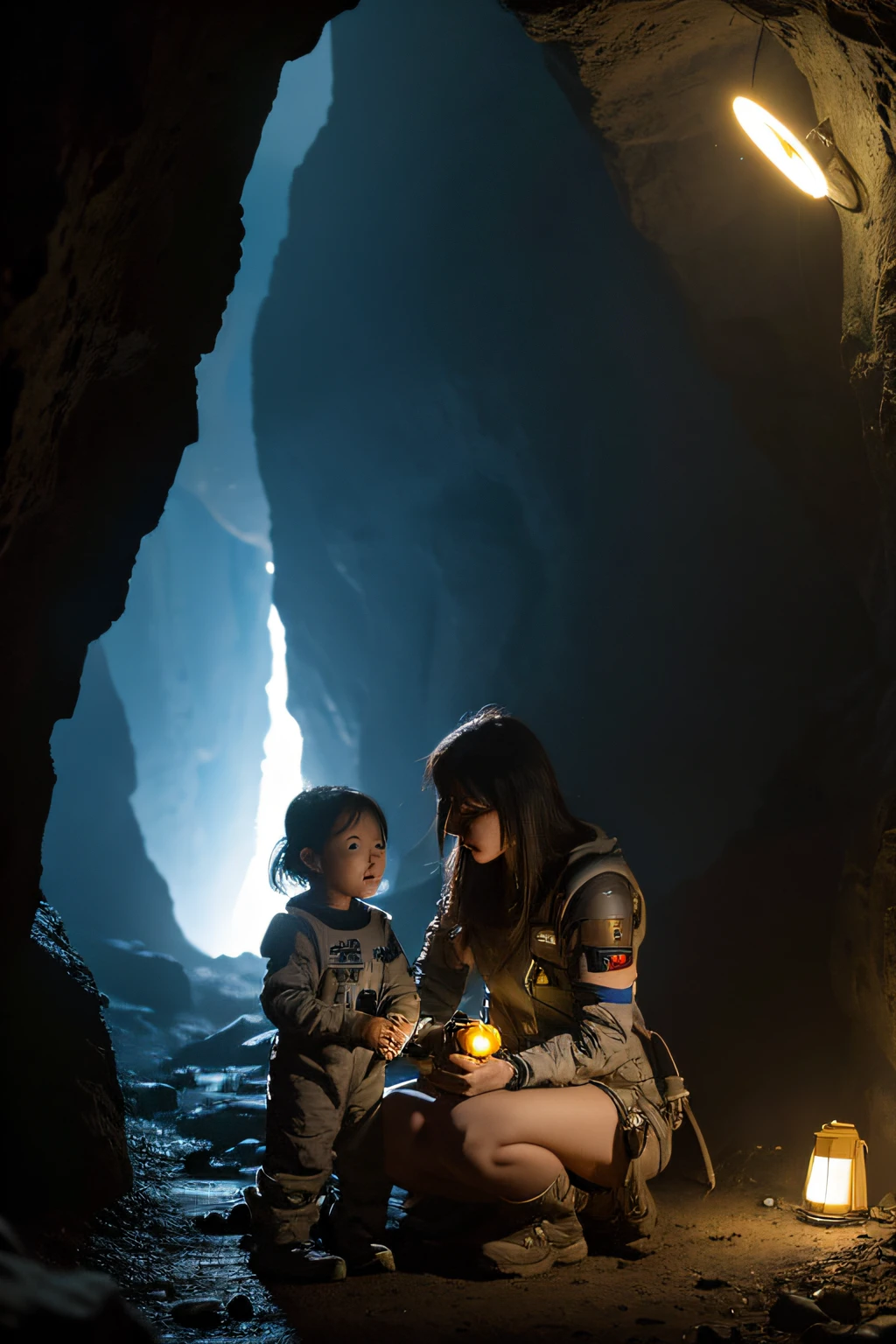 Science fiction world，In an alien cave，A female warrior wearing a worn spacesuit holds her little daughter，The younger daughter is about 6 years old，Wearing a muddy gray spacesuit。Fireflies are flying around。