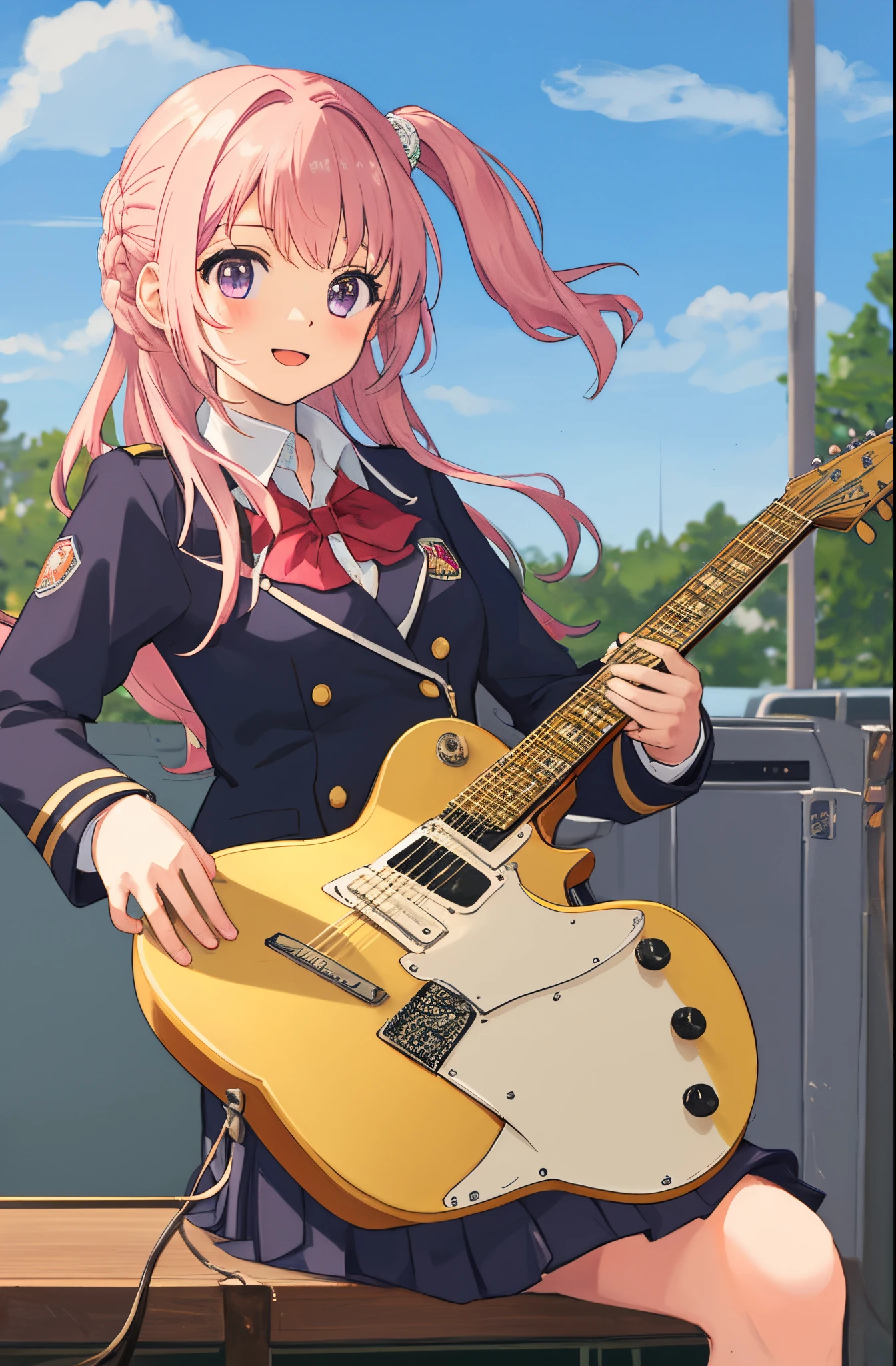 school, guitar, uniform, girl, hair pink, long hair