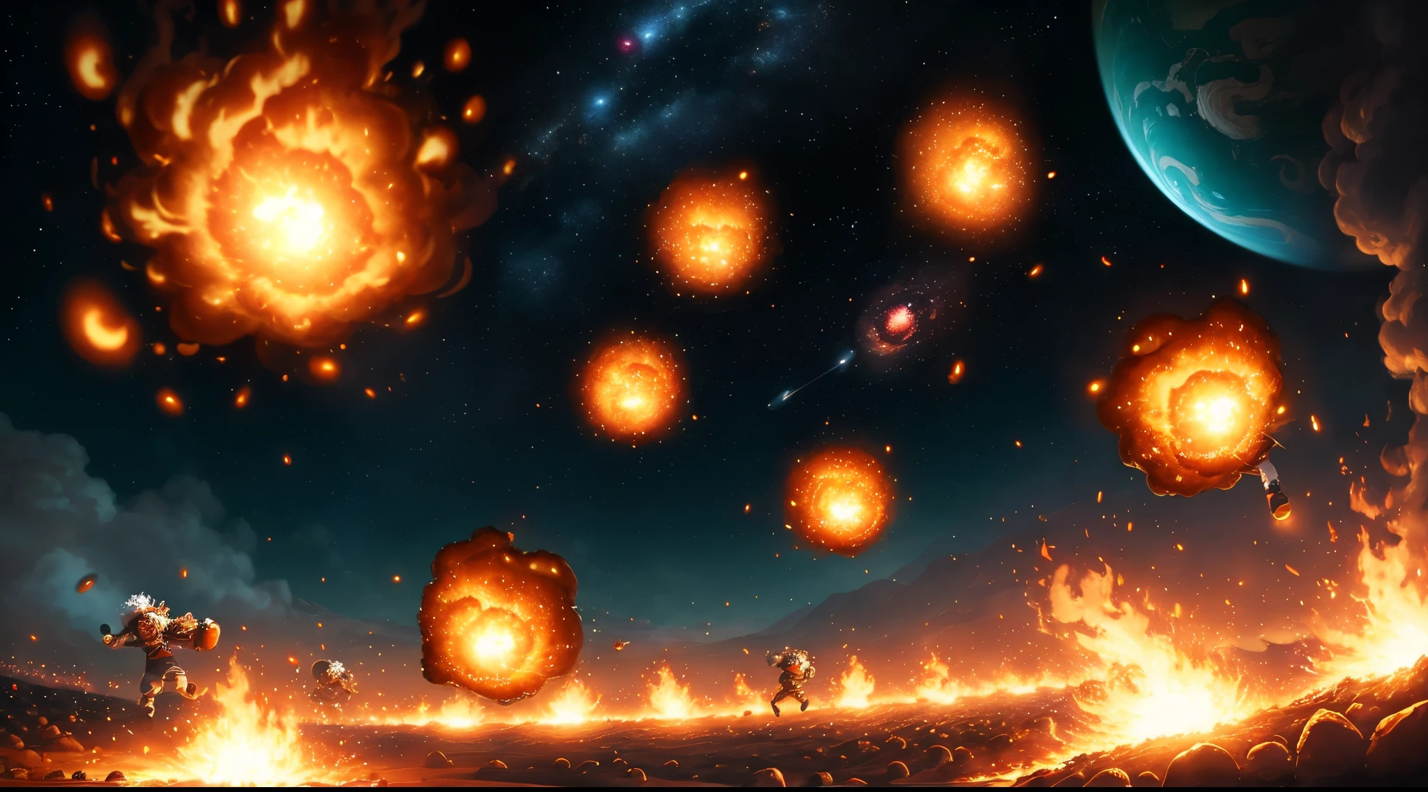 People on fire running away from giant tater tot and planets are exploding