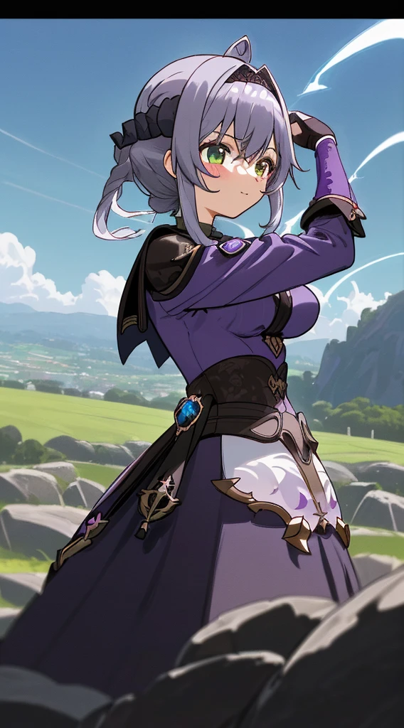 Genshin impact Personagem Mona, (corpo inteiro), olhos azuis detalhado, cabelo preto detalhado, Very detailed 4k landscape scenery, Poderes roxo brilhante desfocado (Papel de parede extremamente detalhado da unidade CG 16k:1.1), (Strength that eliminates noise: 1.45), (tObra-prima:1.37), ((Arte Oficial)), UHD