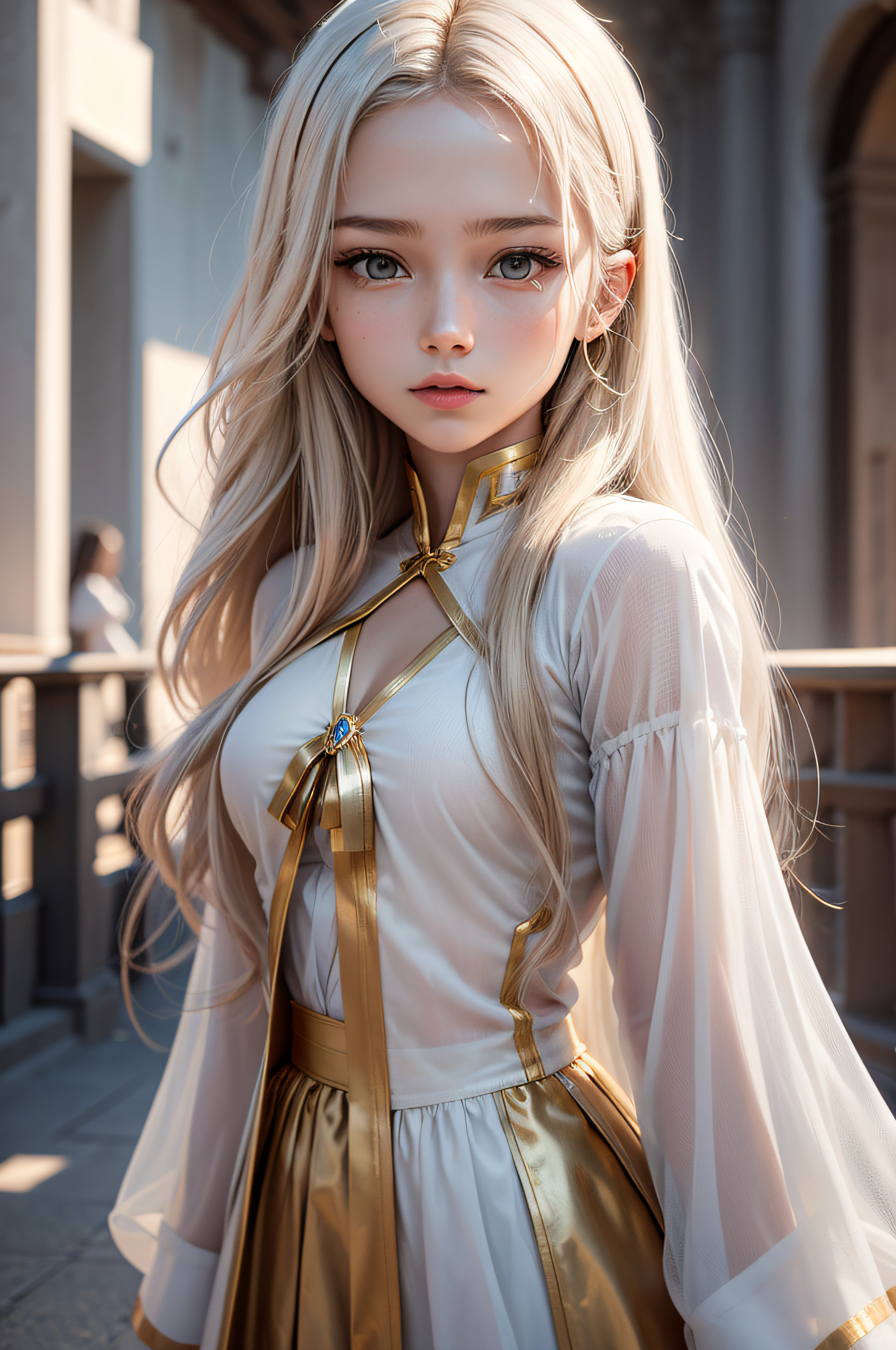 "Generate a hyper-realistic image of a -yeld gifrom Montenegro with authentic face features, set against a realistic open sky, showcasing the best quality and intricate details, wearing white shirt gold strips, body chest exposed, white long hair."