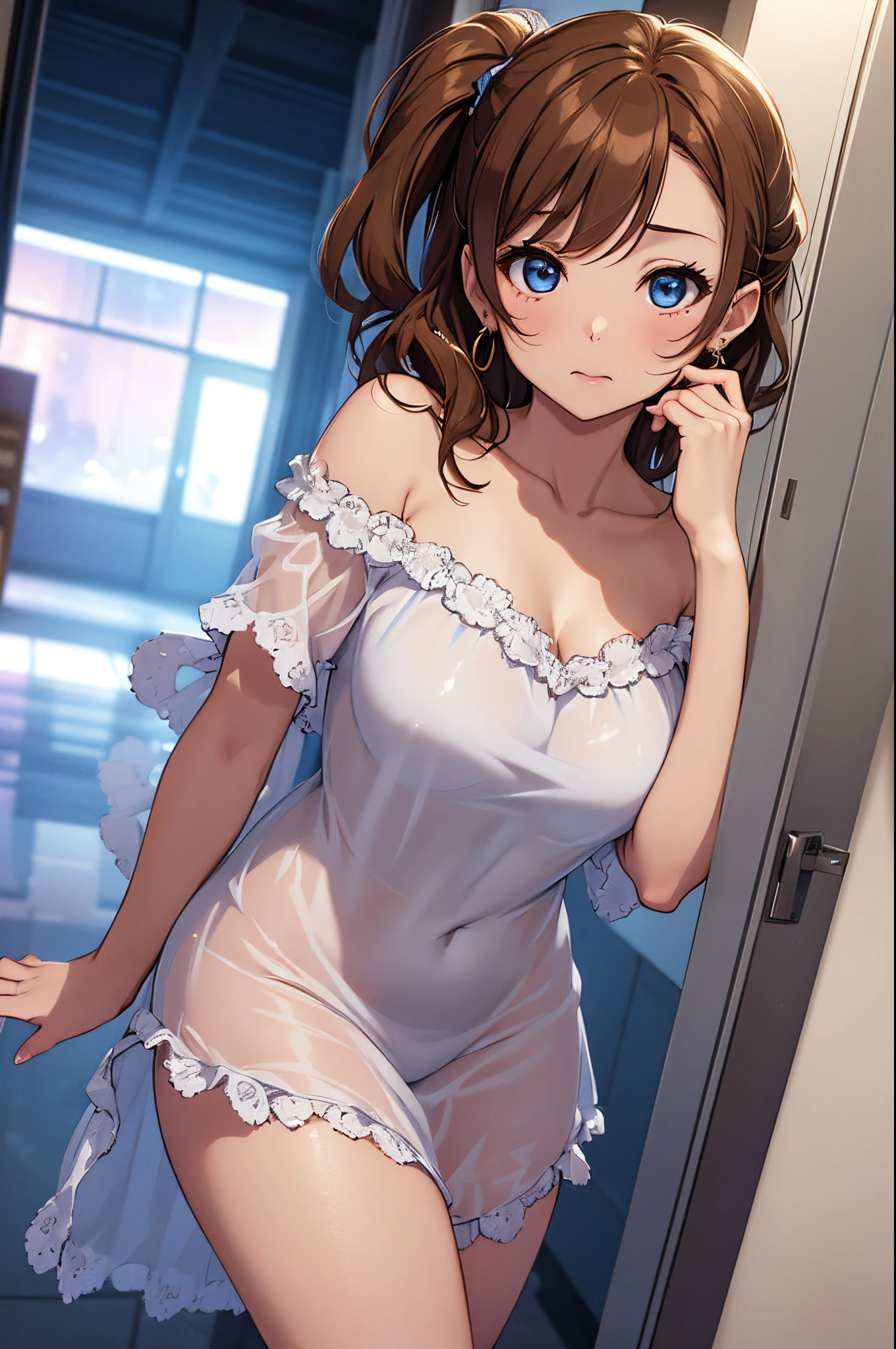 ((best quality)), ((masterpiece)), (detailed), tight transparent nightgown,jewelry, moist skin, standing on door , kousaka honoka, thighs,off shoulder, curvy body,big breasts,o earrings, shocked ,hands on mouth